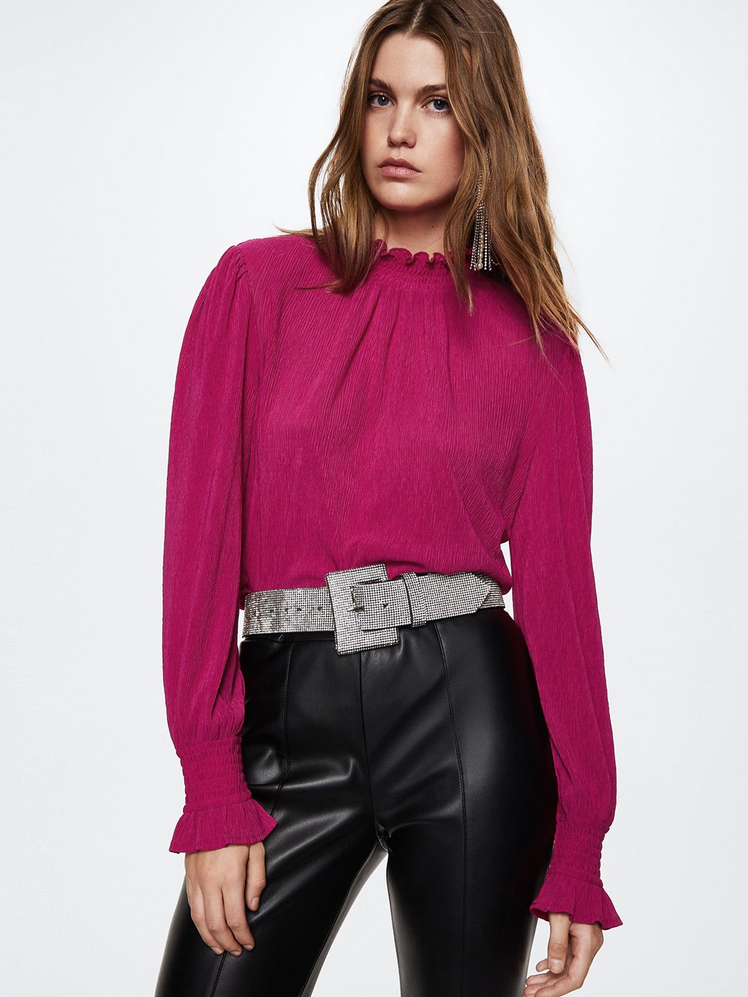 

MANGO Textured Scalloped High Neck Sustainable Top, Fuchsia