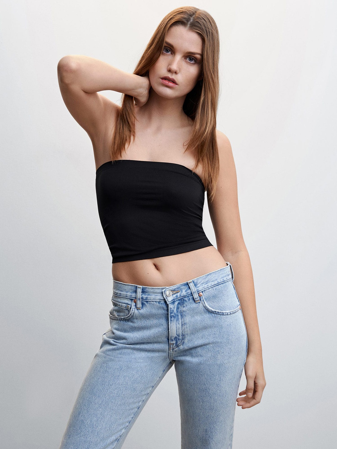 

MANGO Sustainable Strapless Tube Crop Top, Black