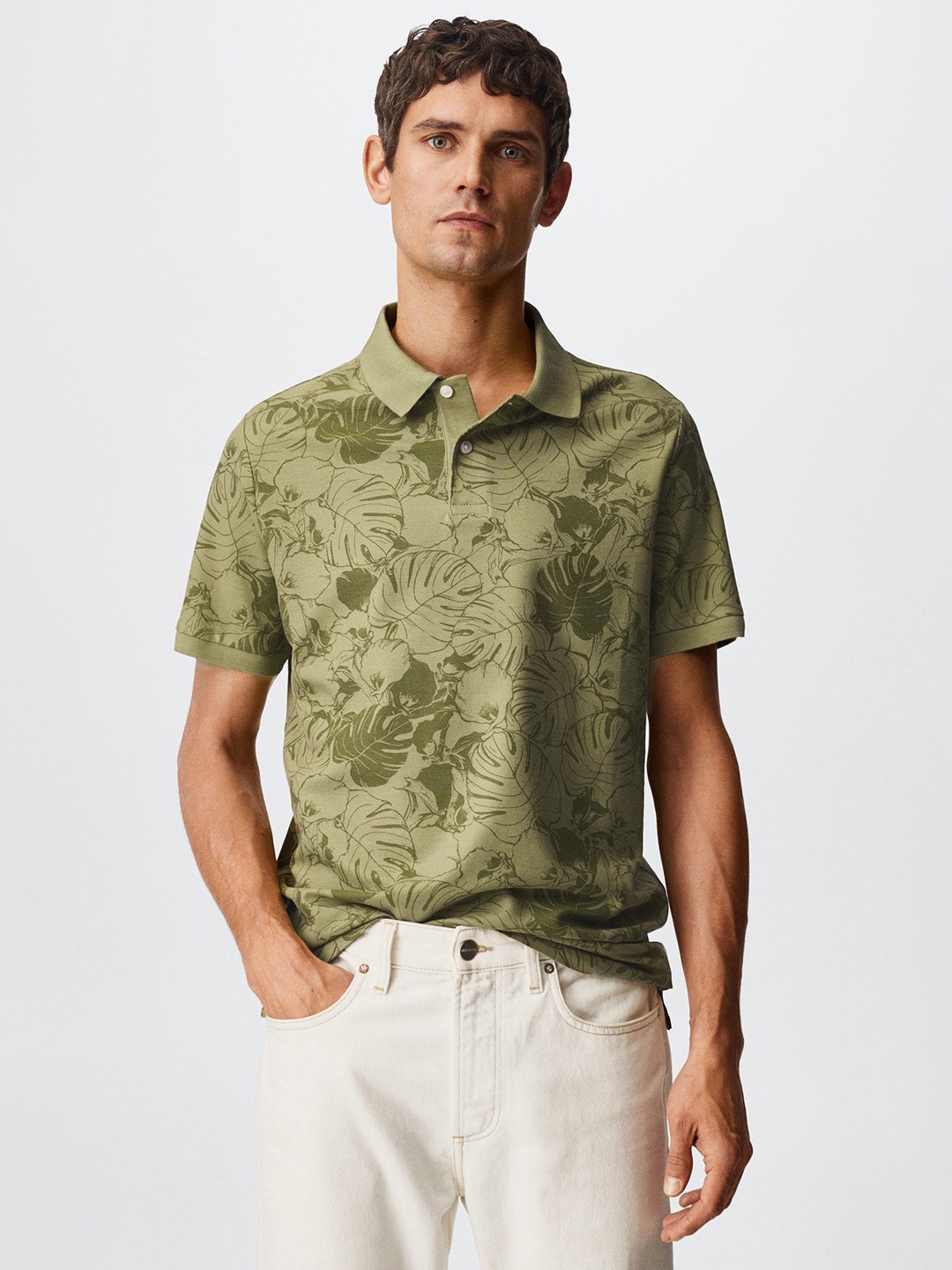 

MANGO MAN Floral Printed Polo Collar Pure Cotton T-shirt, Olive