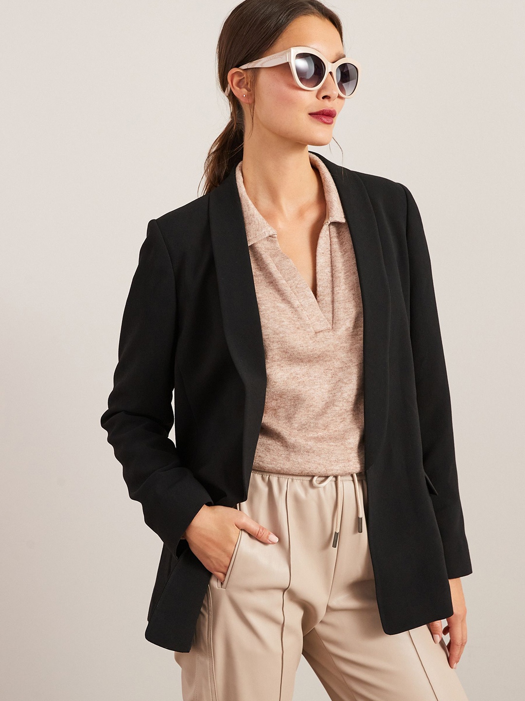 

NEXT Textured Relaxed Fit Crepe Front-Open Blazer, Black