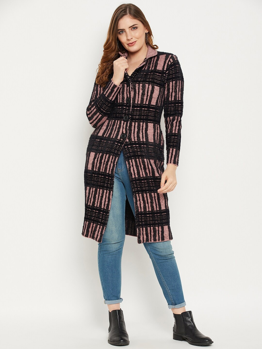 

Zigo Women Wool Printed Longline Cardigan, Pink
