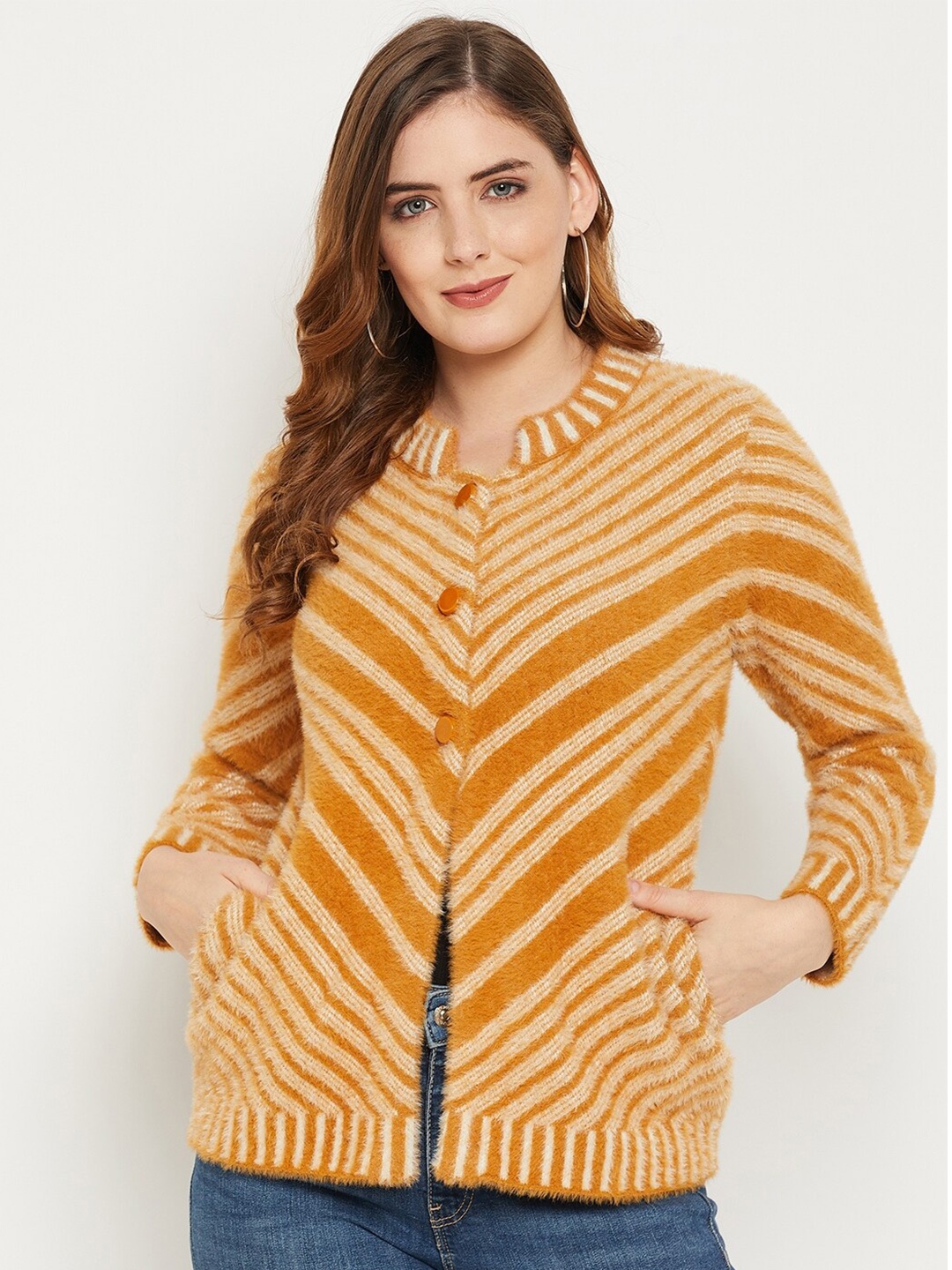 

Zigo Women Wool Striped Cardigan, Mustard