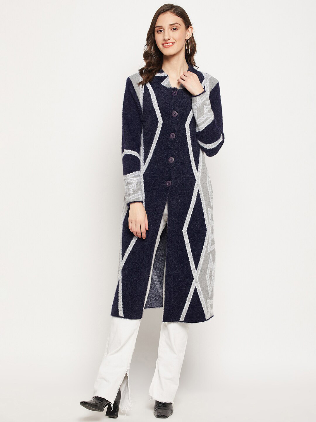 

Zigo Longline Cardigan Self Design Geometric Straight Sweaters, Navy blue