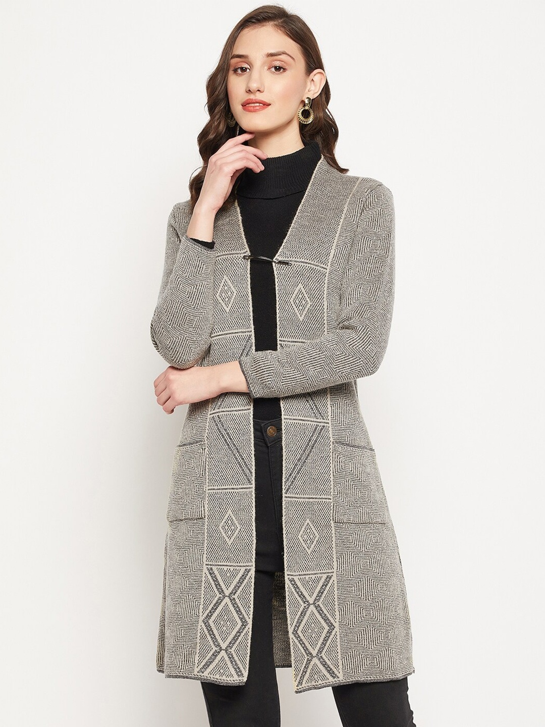 

Zigo Women Wool Printed Longline, Grey