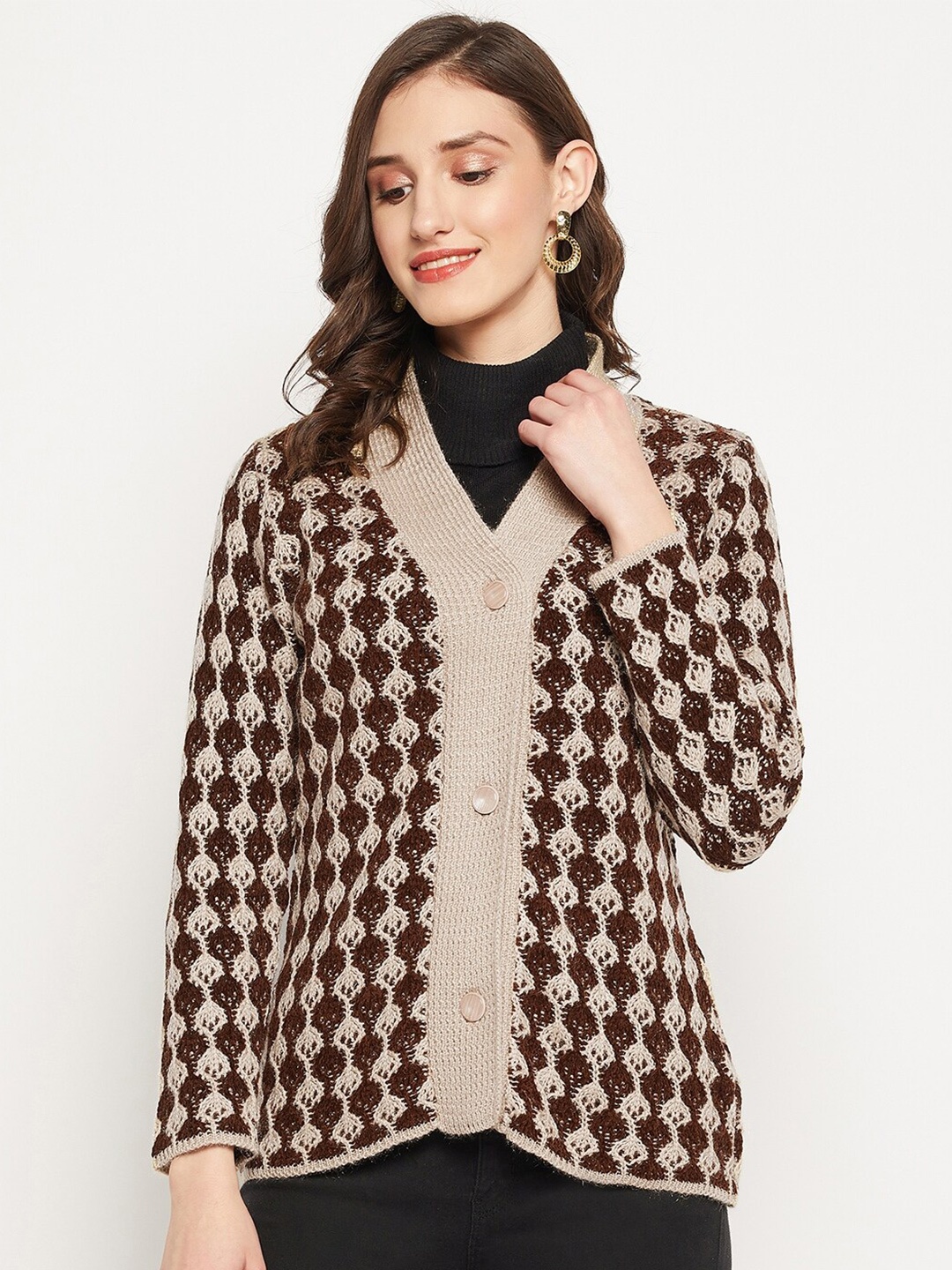 

Zigo Self Design Wool Cable Knit Sweater, Coffee brown