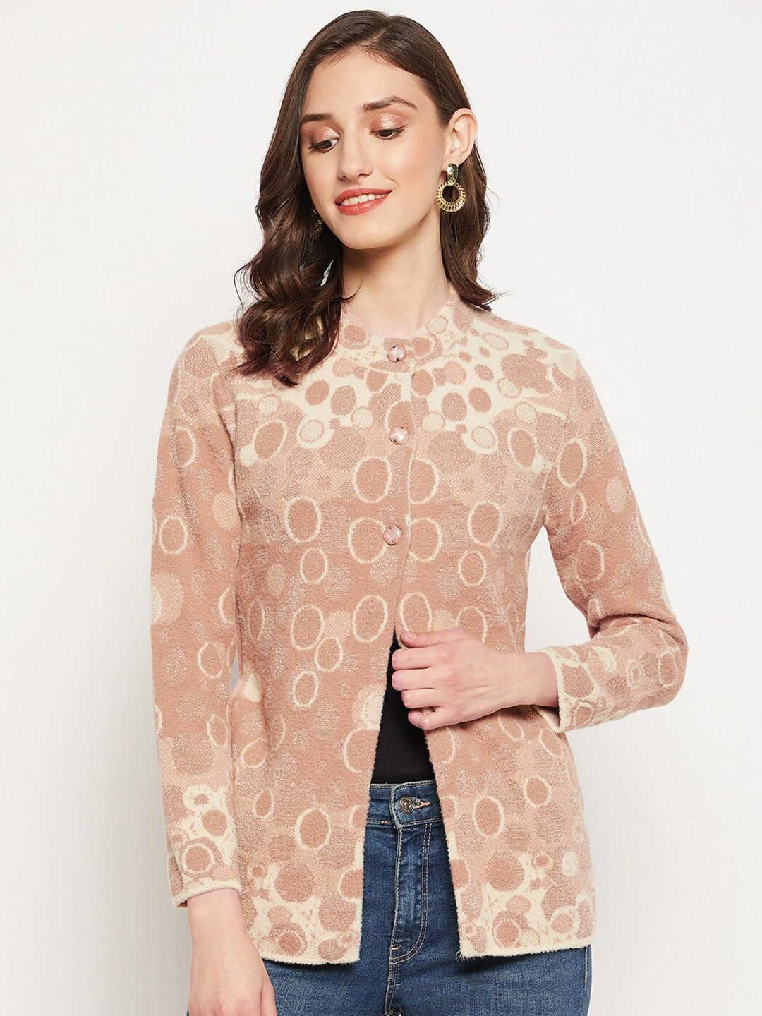 

Zigo Round Neck Printed Wool Sweater, Camel brown