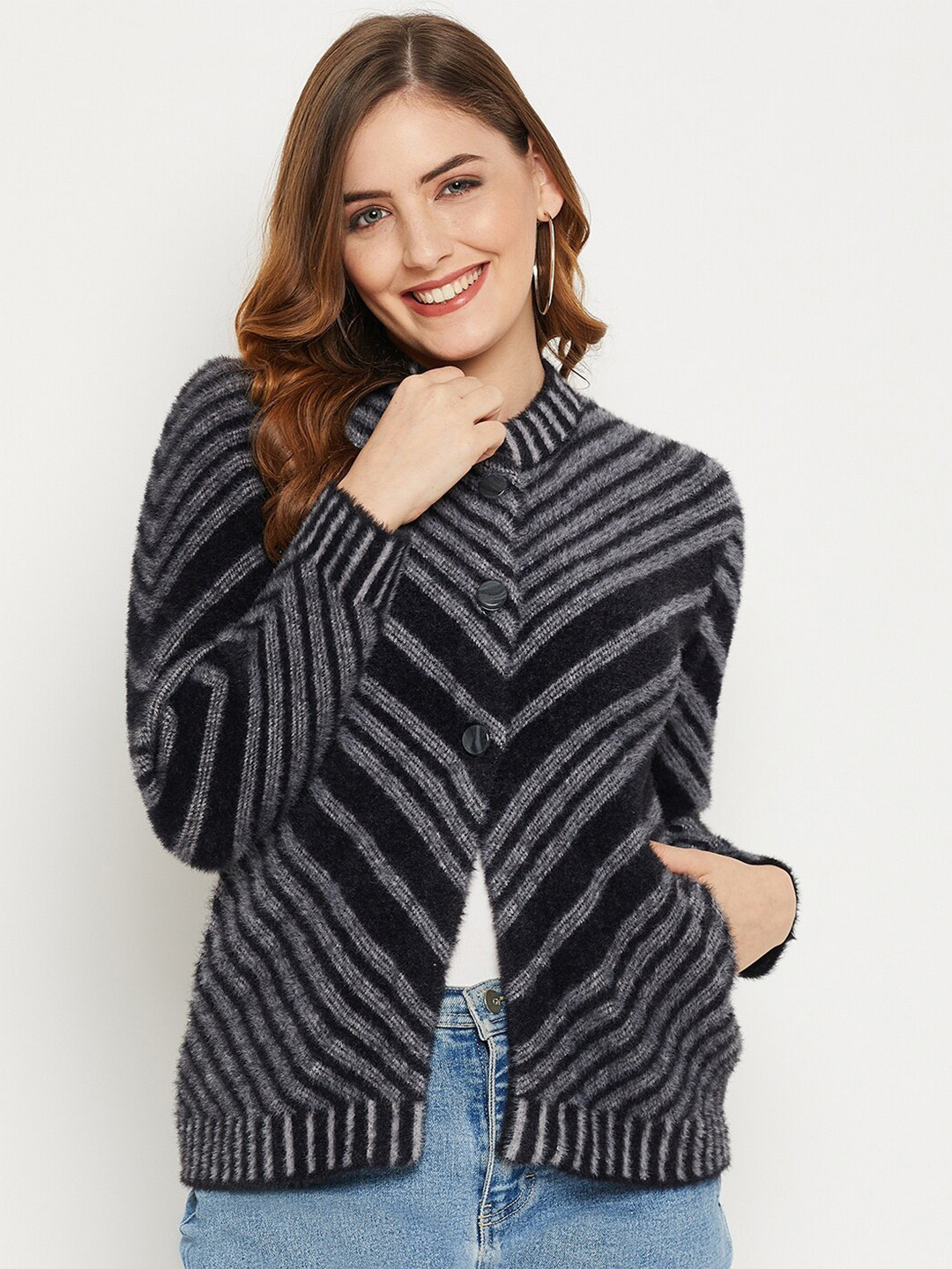 

Zigo Henley Neck Front-Open Striped Wool Sweater, Black