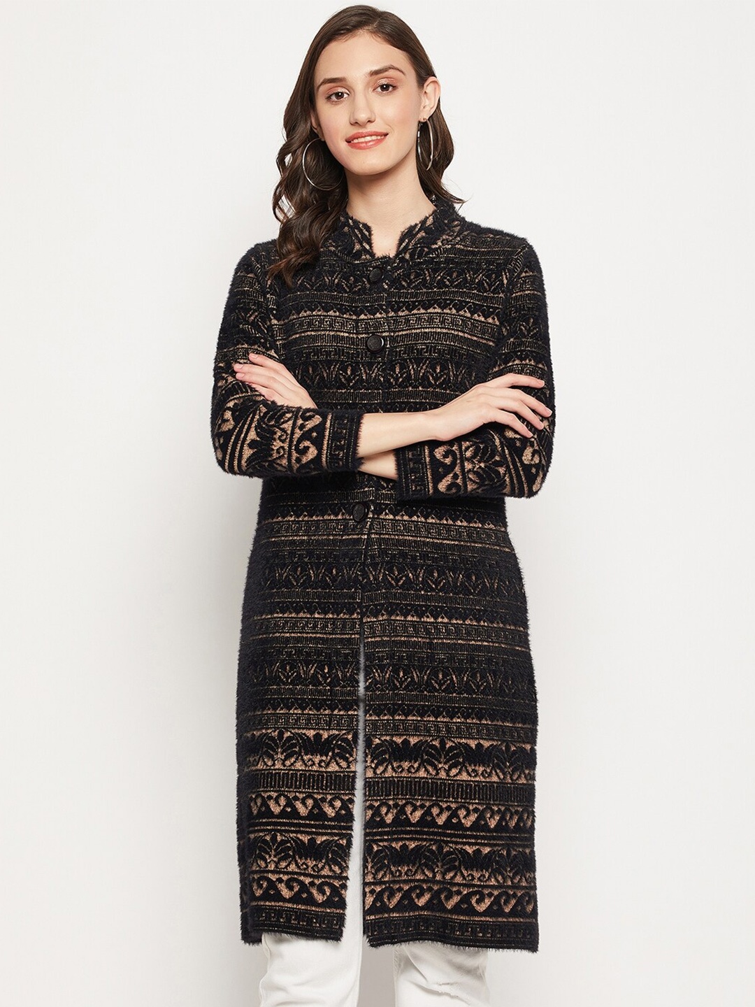 

Zigo Wool Printed Longline Sweater, Black