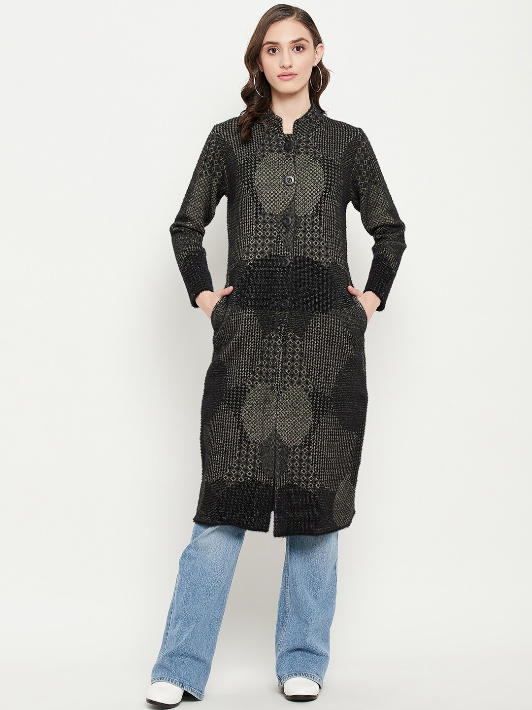 

Zigo Henley Neck Printed Longline Wool Sweater, Olive