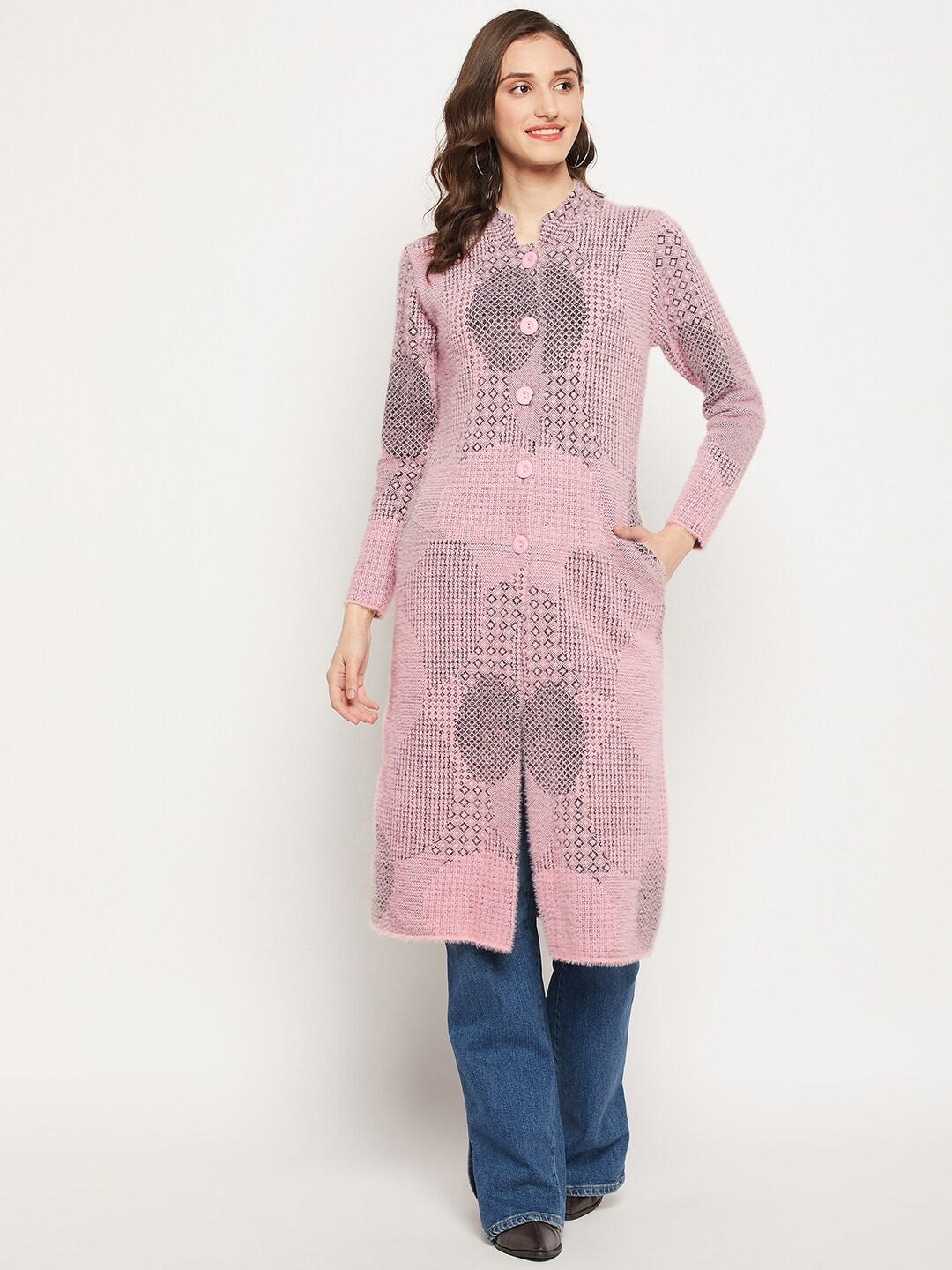 

Zigo Women Printed Longline Wool Sweater, Pink