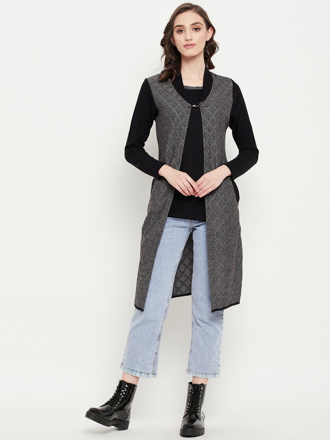 

Zigo Women Checked Longline Wool Sweater, Black