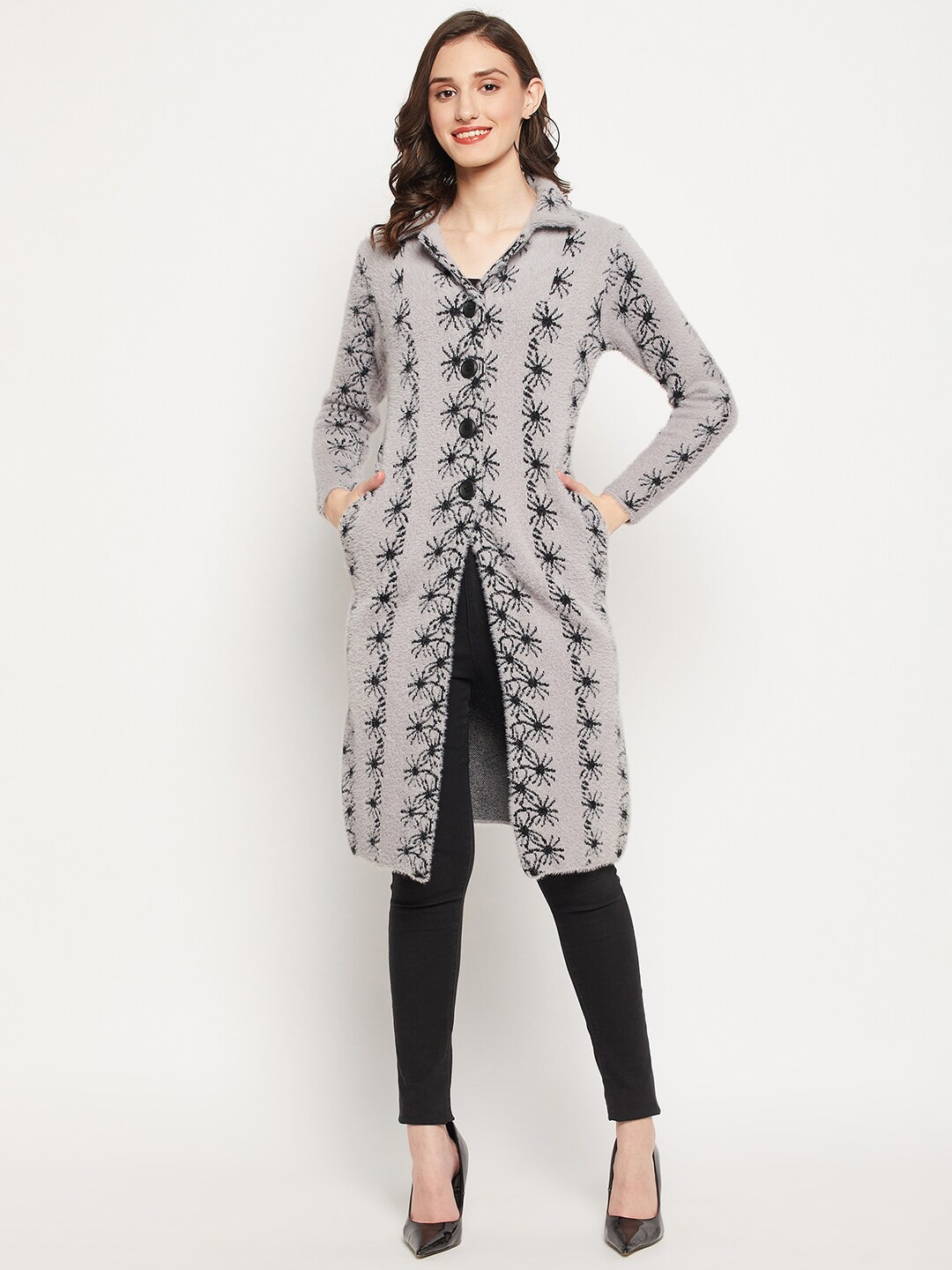 

Zigo Women Floral Printed Longline Wool Sweater, Grey
