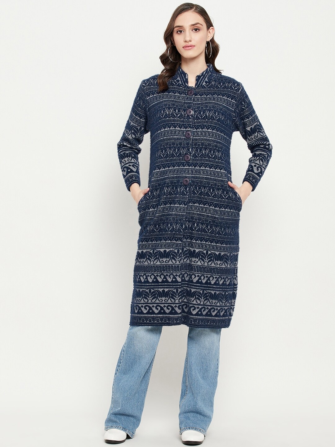 

Zigo Women Printed Longline Wool Sweater, Navy blue