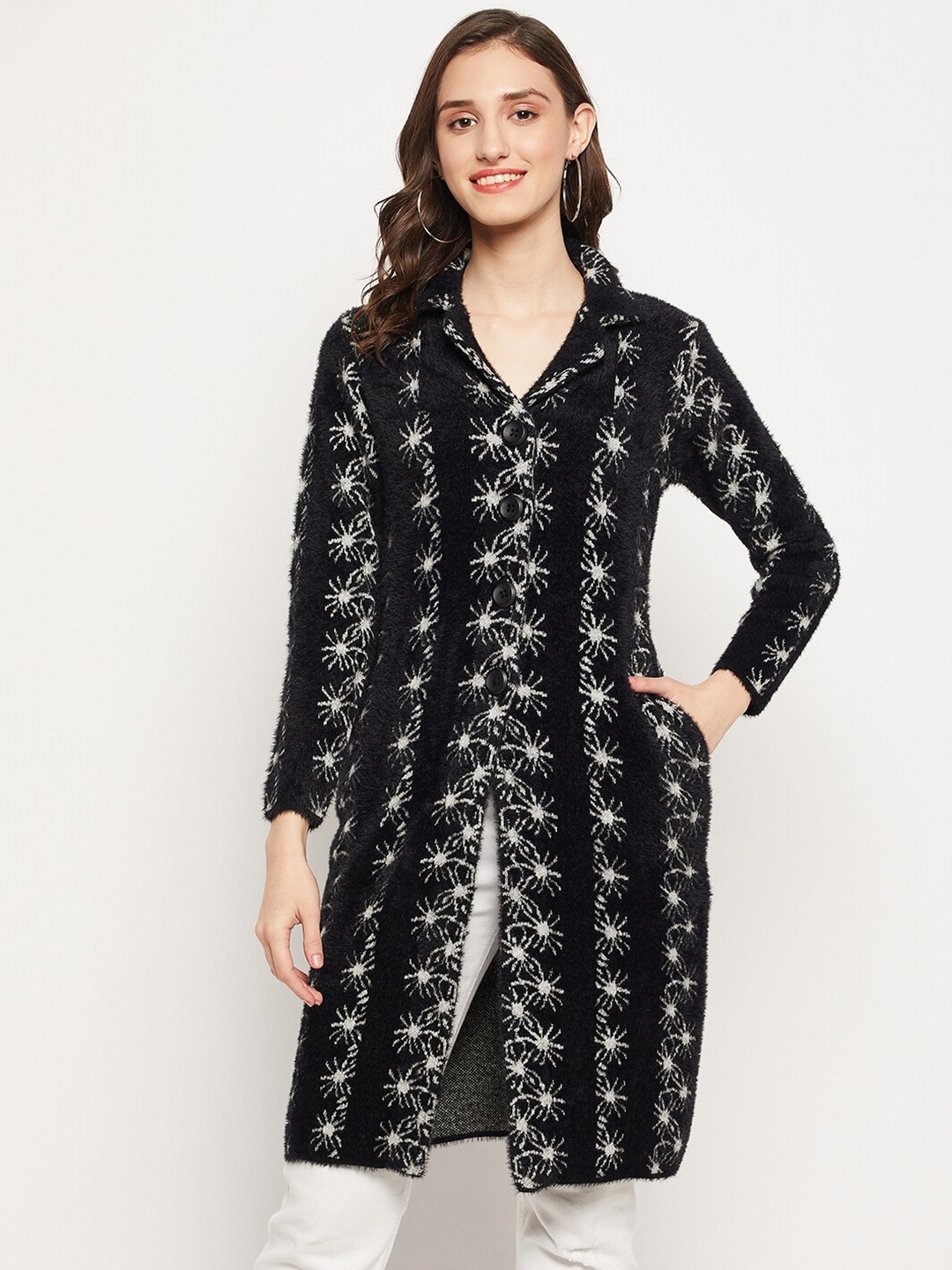 

Zigo Women Floral Printed Longline Wool Sweater, Black