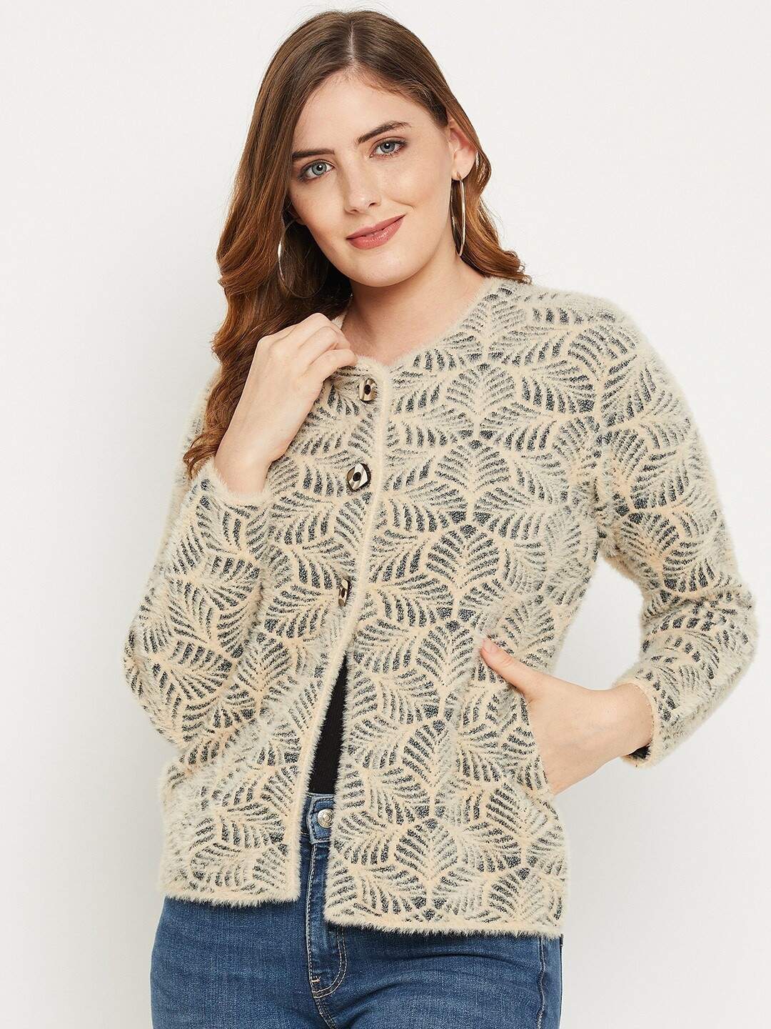 

Zigo Women Floral Printed Wool Sweater, Beige