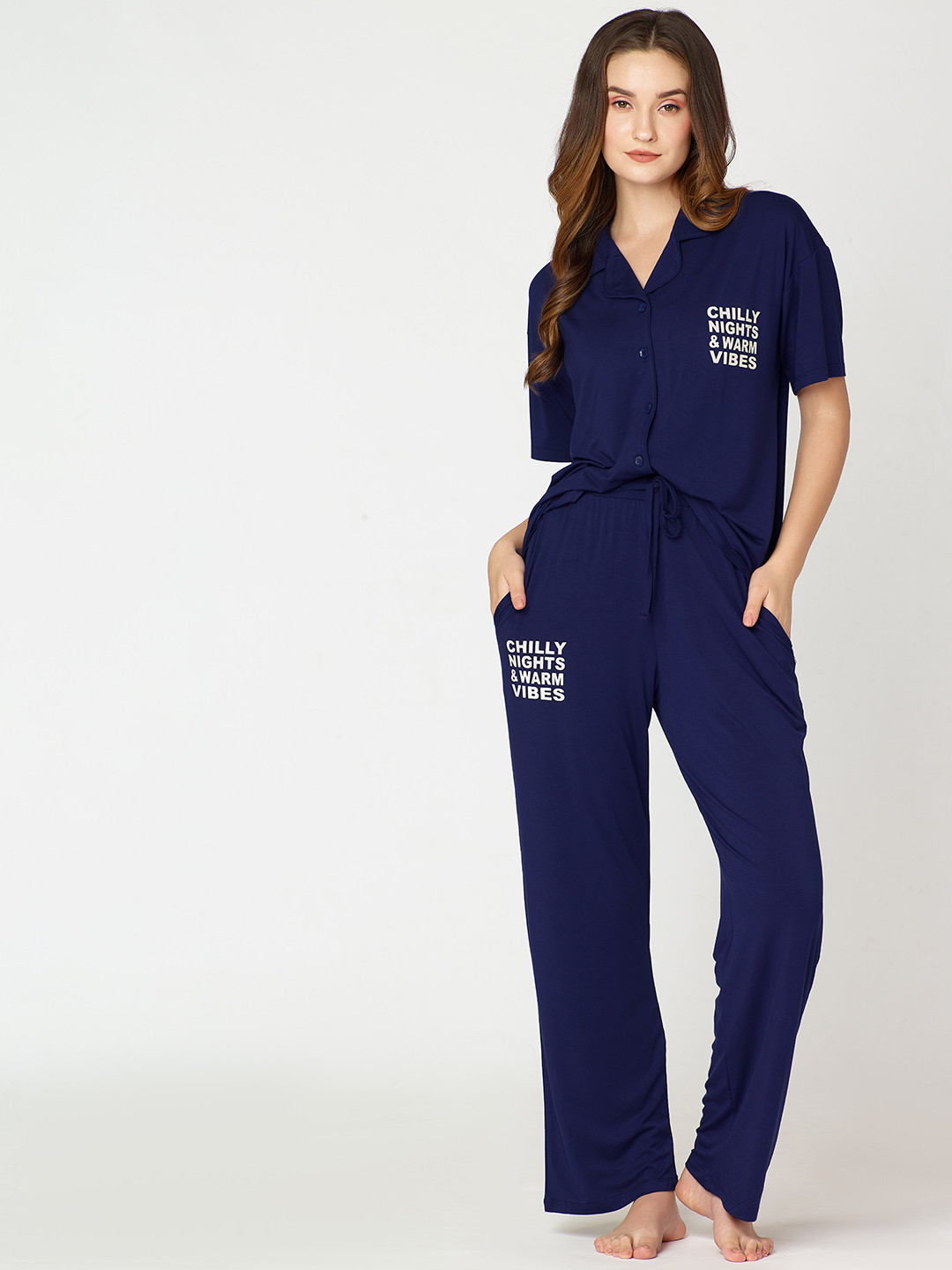

I like me Typography Printed Night suit, Navy blue