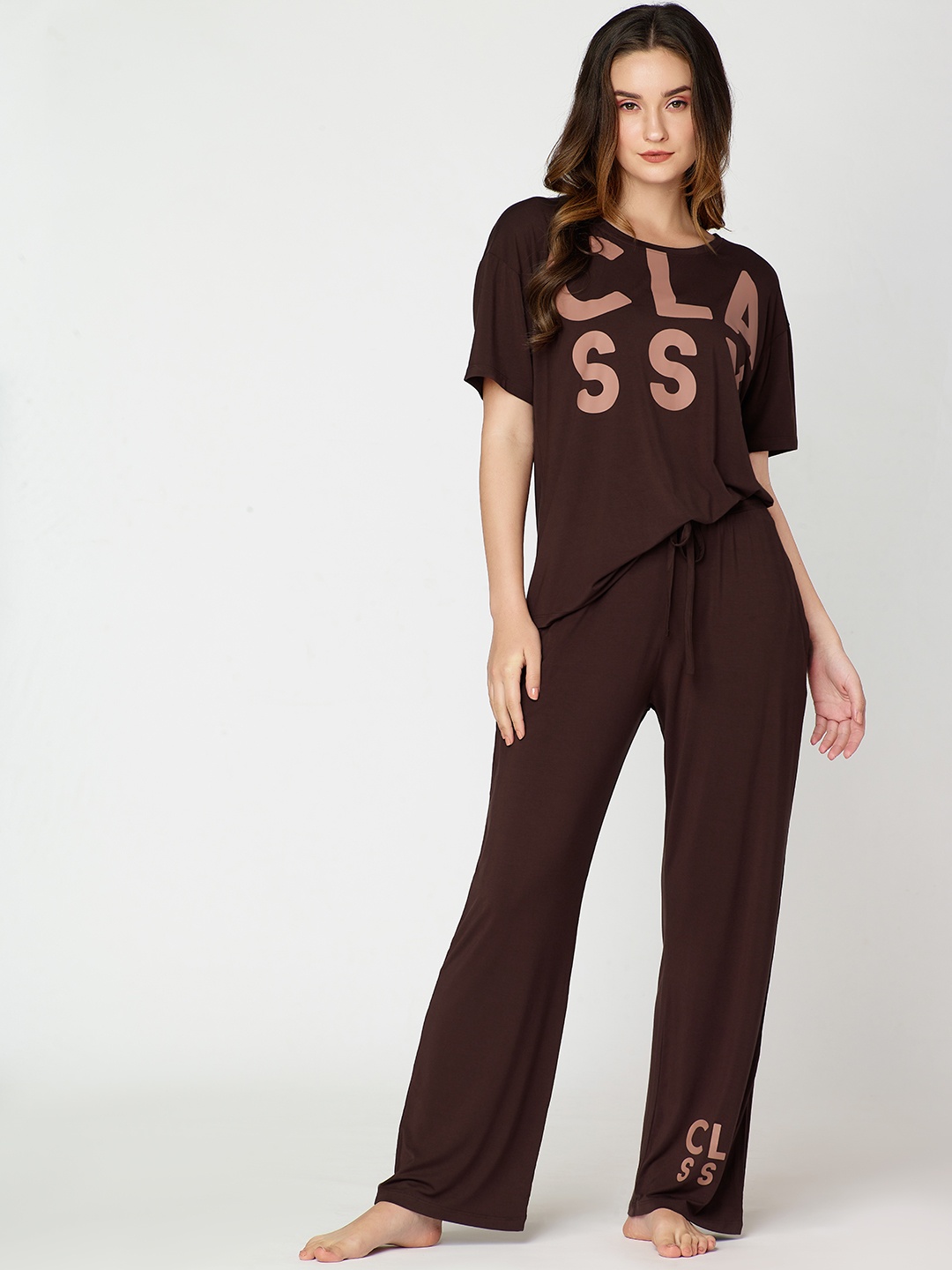 

I like me Typography Printed Night suit, Brown