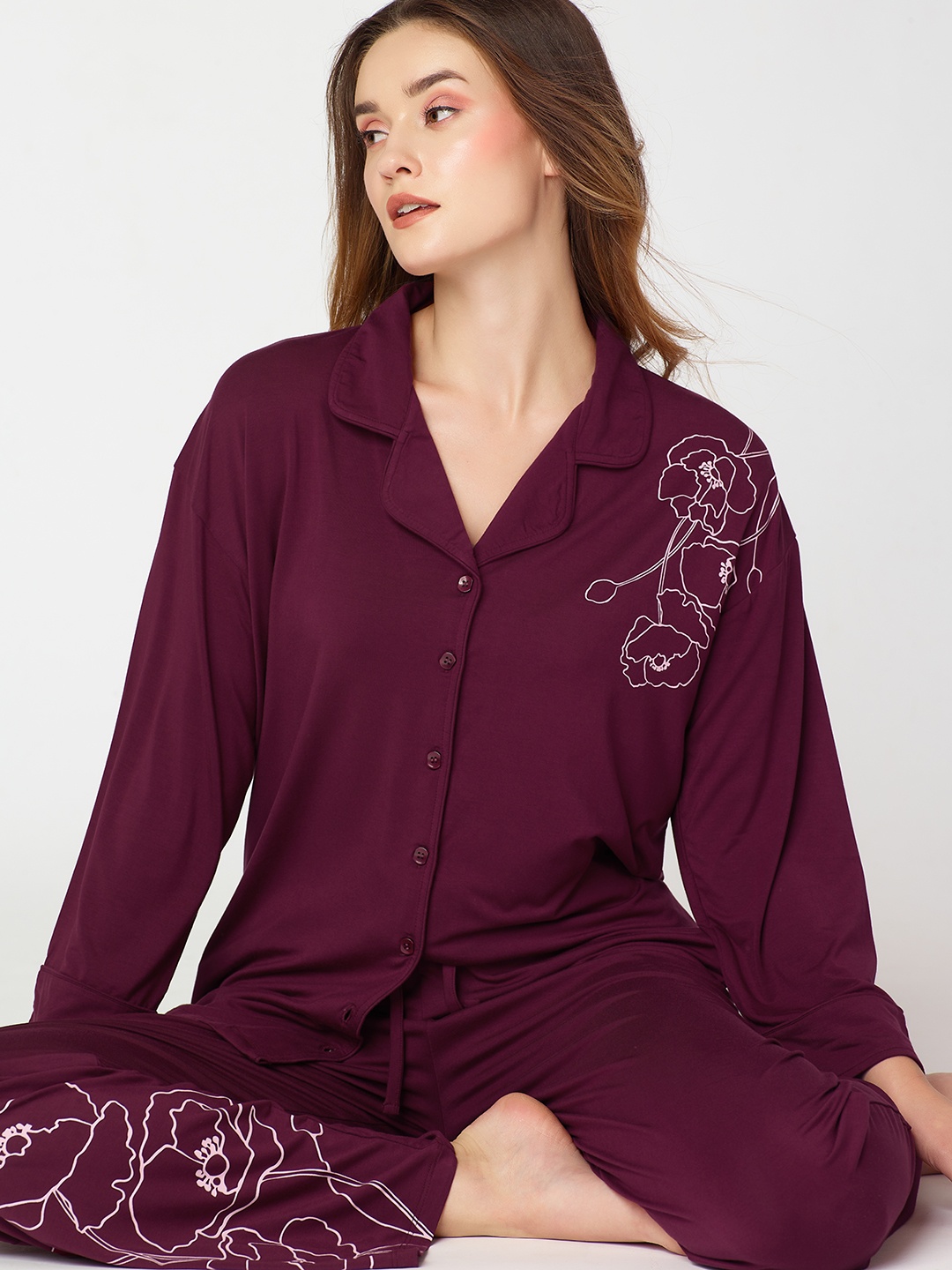 

I like me Floral Printed Night suit, Burgundy