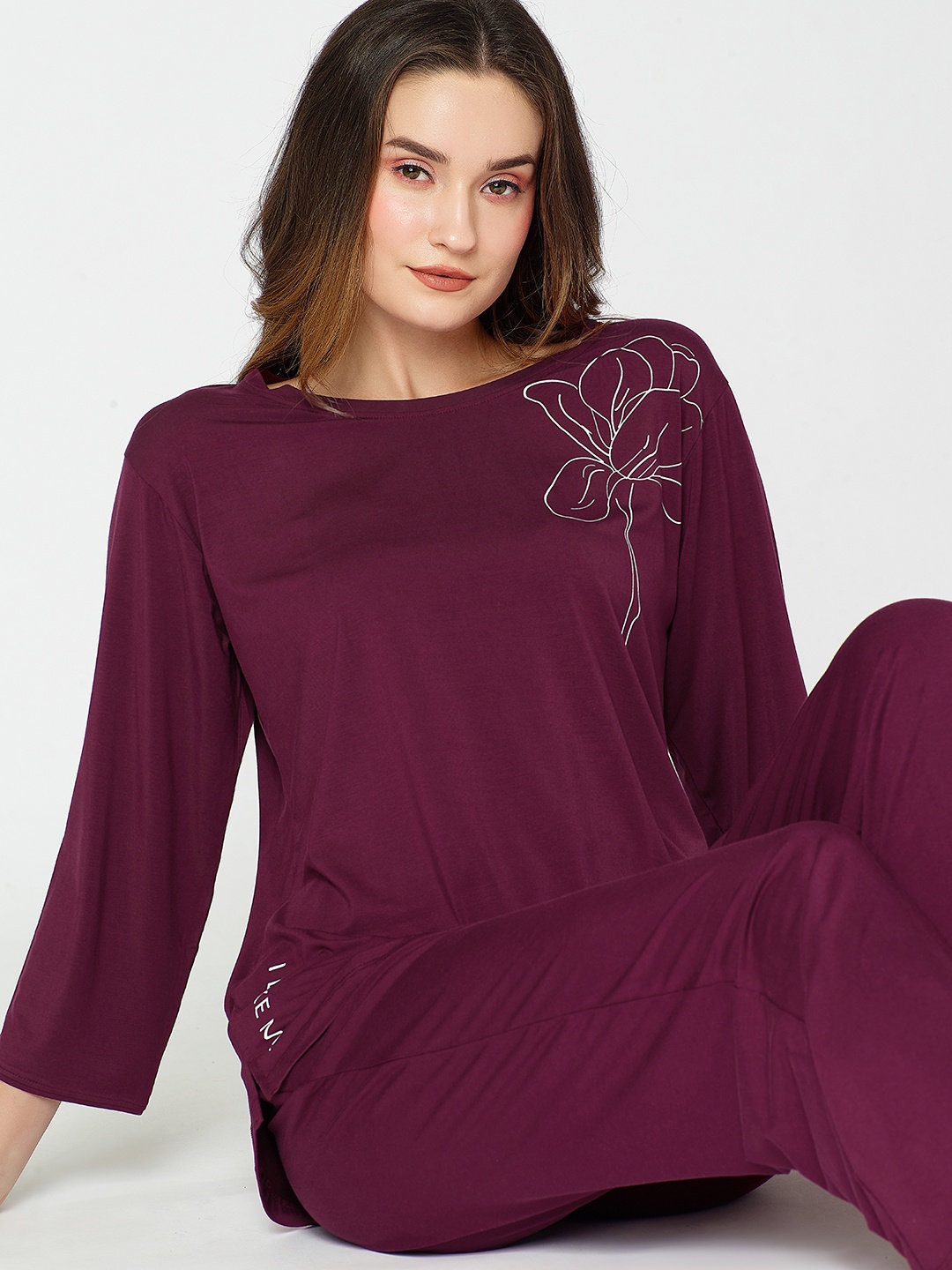 

I like me Printed Night suit, Burgundy