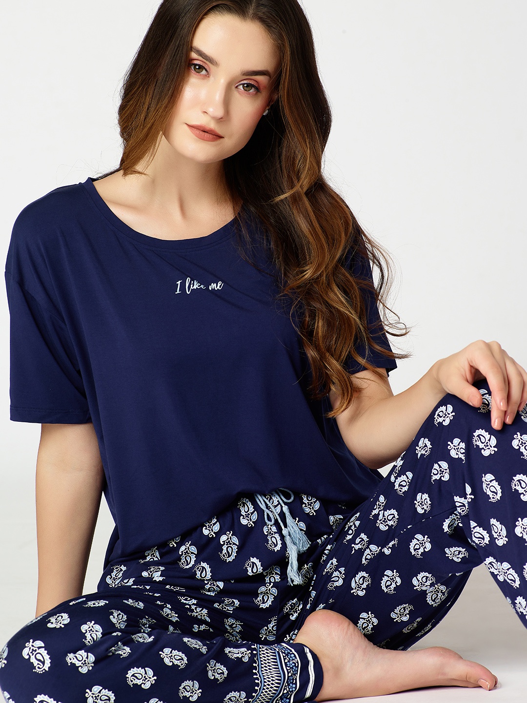 

I like me Women Printed Night suit, Navy blue