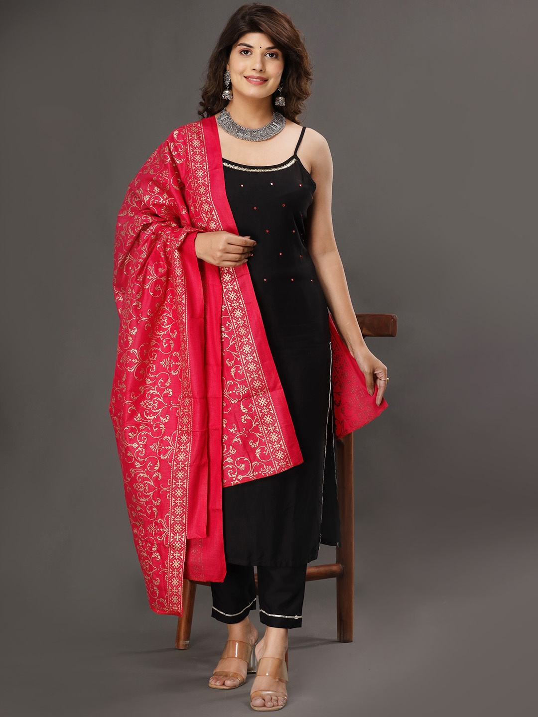 

Shedika Embroidered Sequinned Shoulder Strap Kurta with Trousers & Dupatta, Black