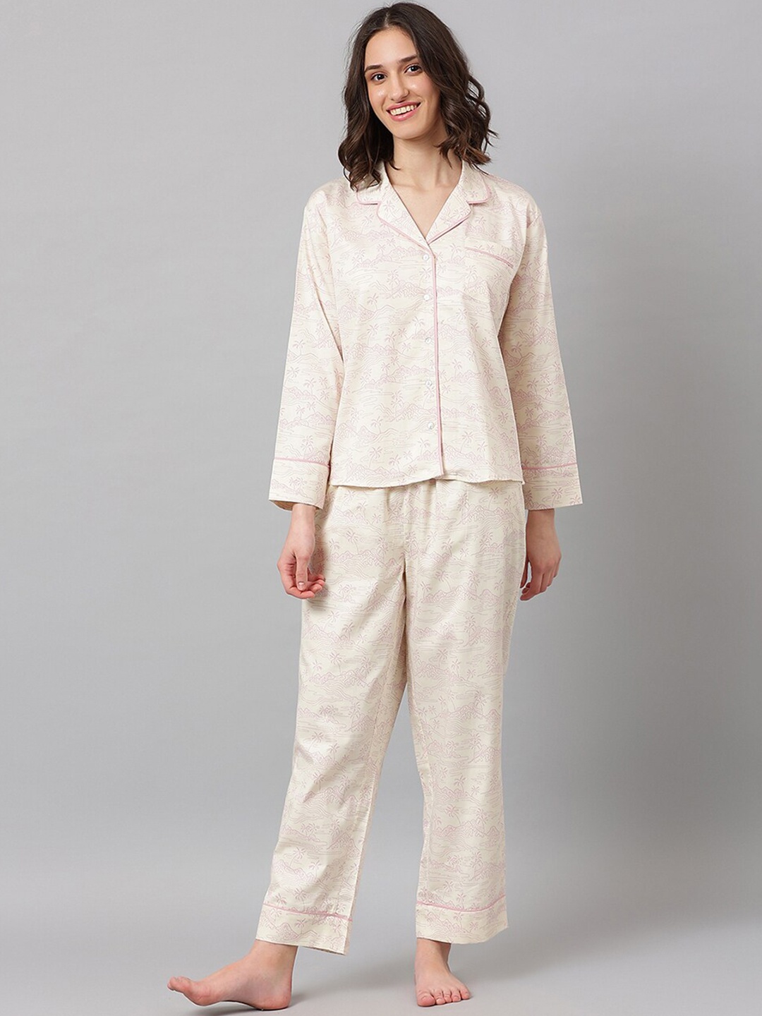 

Fabindia Women Printed Pure Cotton Shirt with Pyjamas, Off white