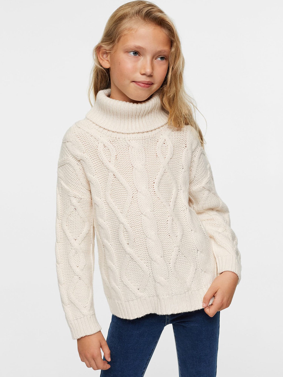 

Mango Kids Girls Cable Knit Turtle Neck Sustainable Pullover, Cream