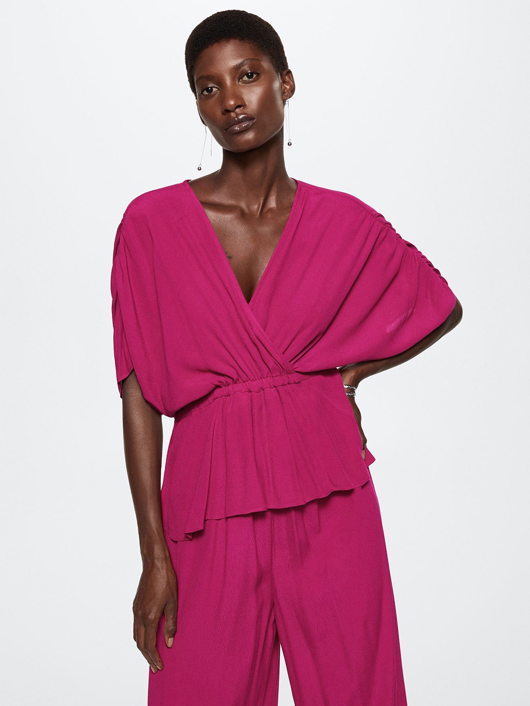 

MANGO Wrap Detail Extended Sleeves Sustainable Jumpsuit, Fuchsia