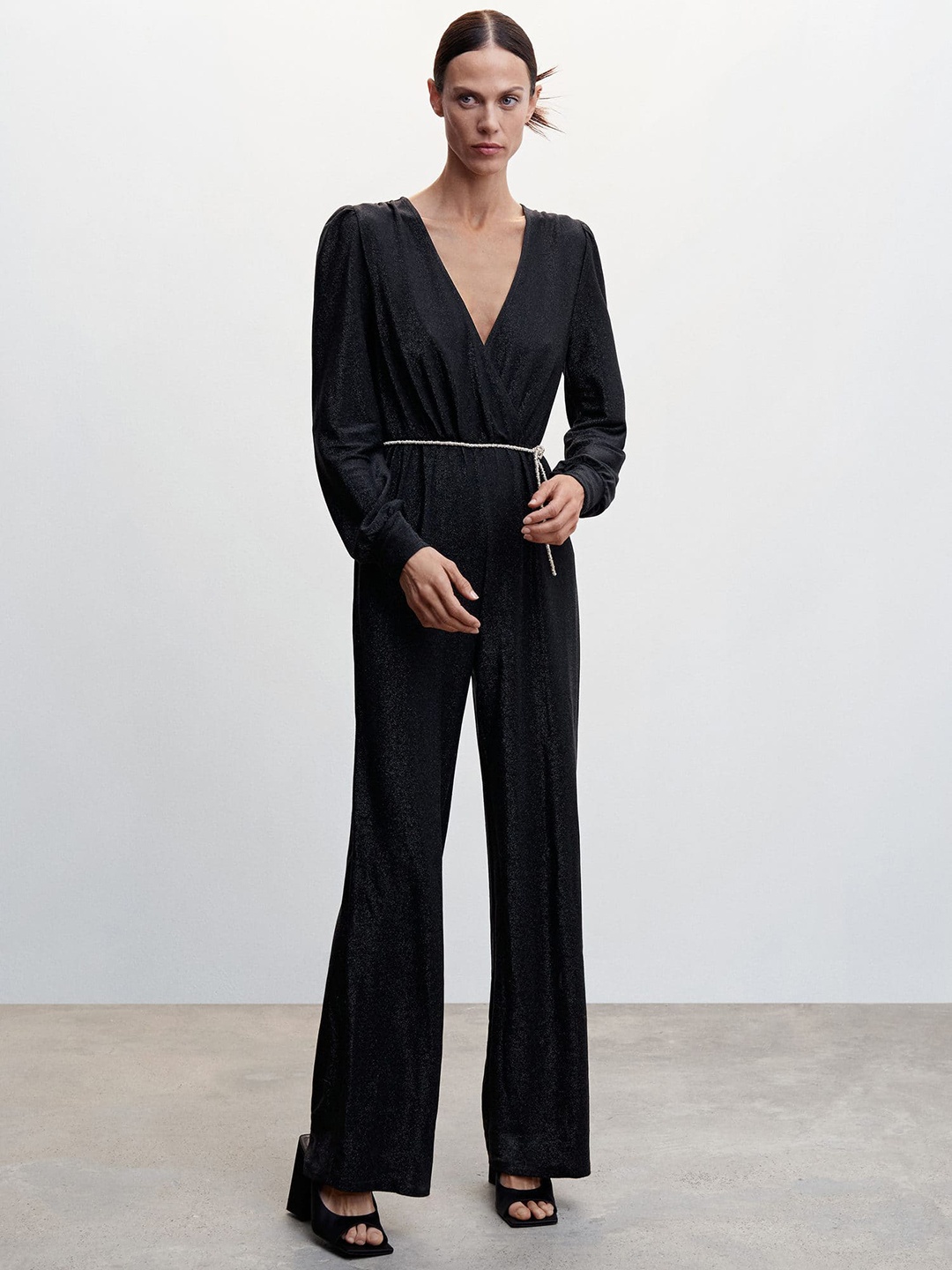 

MANGO Shimmer Ruched Basic Jumpsuit, Black