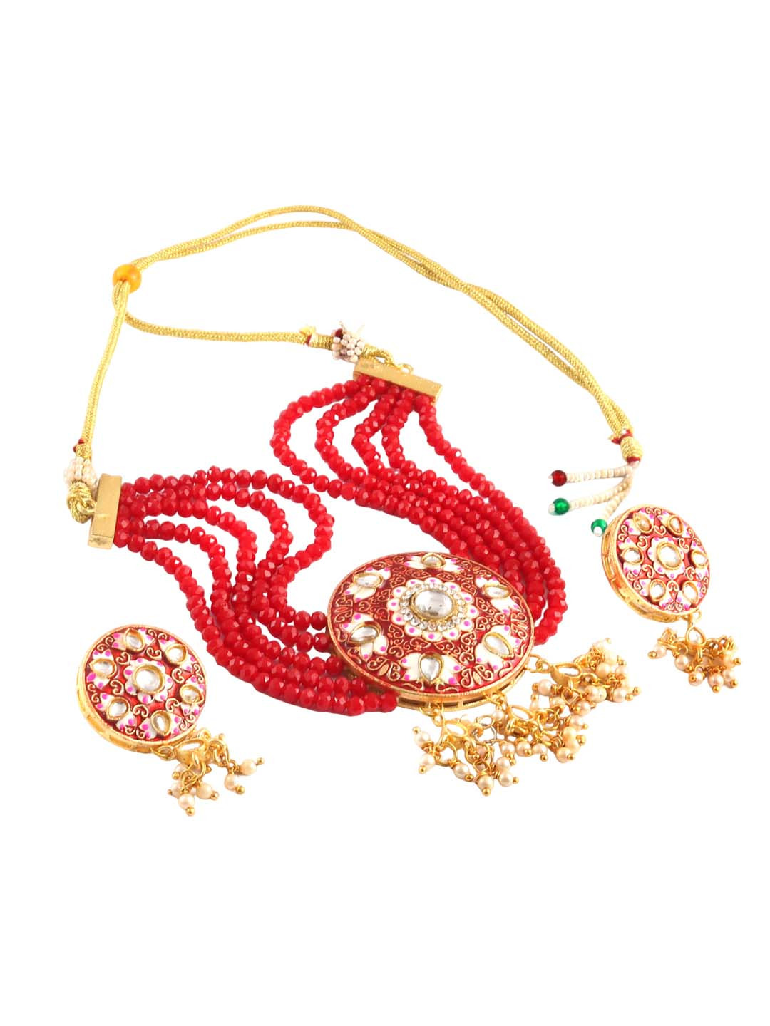 

Jewar Mandi Gold-Plated Meenakari Kundan Studded & Beaded Jewellery Set