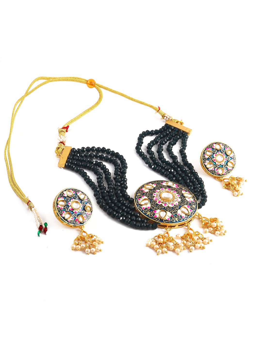 

Jewar Mandi Gold-Plated Meenakari Kundan Studded & Beaded Jewellery Set