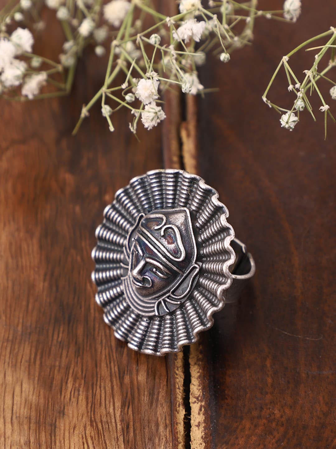 

VENI Oxidised Silver-Plated Round Tribe Devi Adjustable Ring