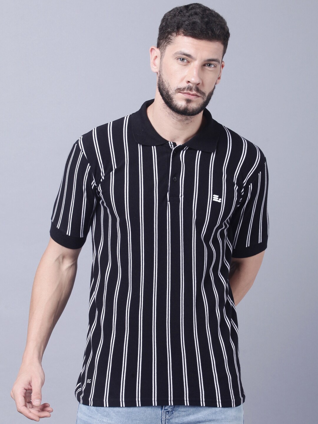 

THE EG STORE Men Striped Polo Collar Slim Fit T-shirt, Black