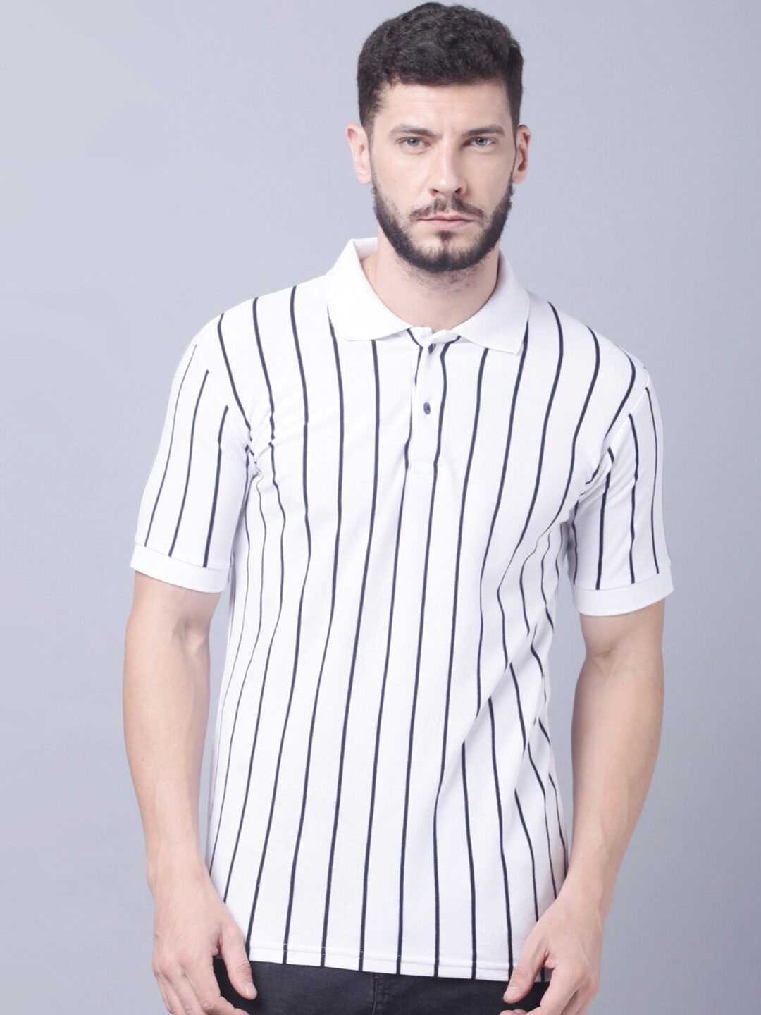 

THE EG STORE Men Striped Polo Collar Slim Fit T-shirt, White