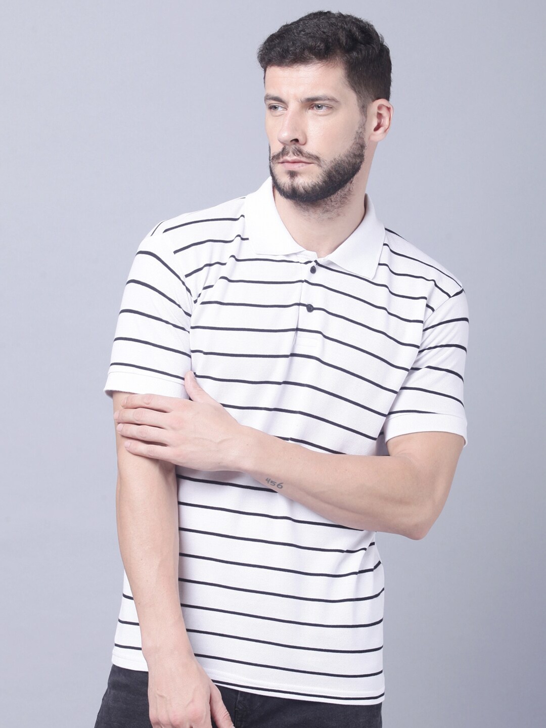 

THE EG STORE Men Striped Polo Collar Slim Fit Cotton T-shirt, White