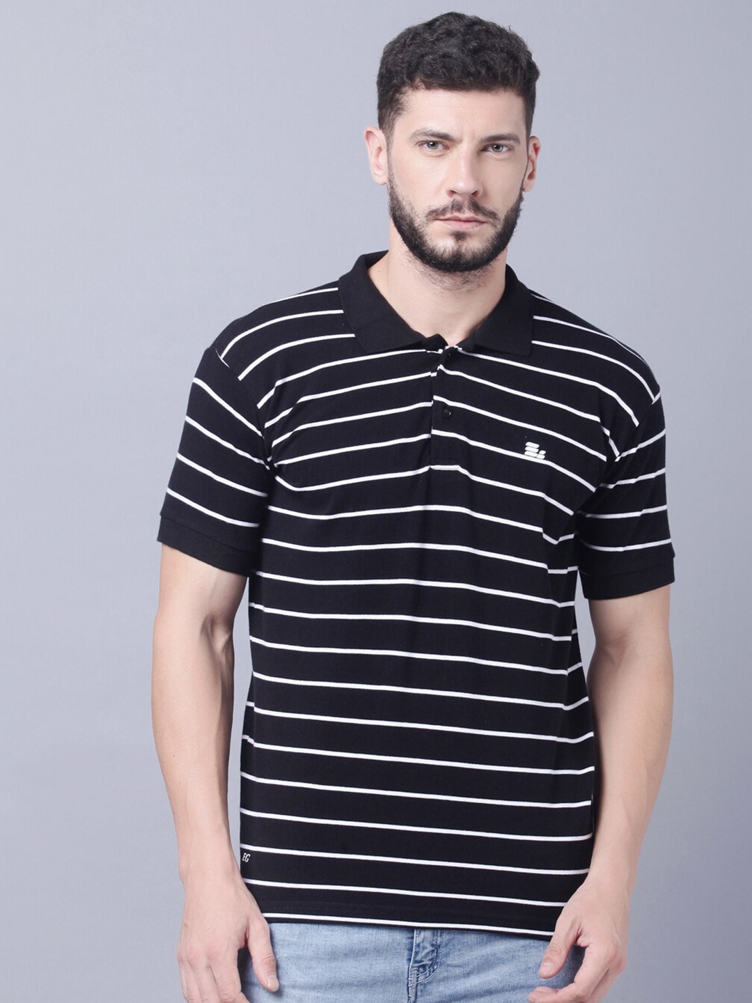 

THE EG STORE Men Striped Polo Collar Slim Fit Cotton T-shirt, Black