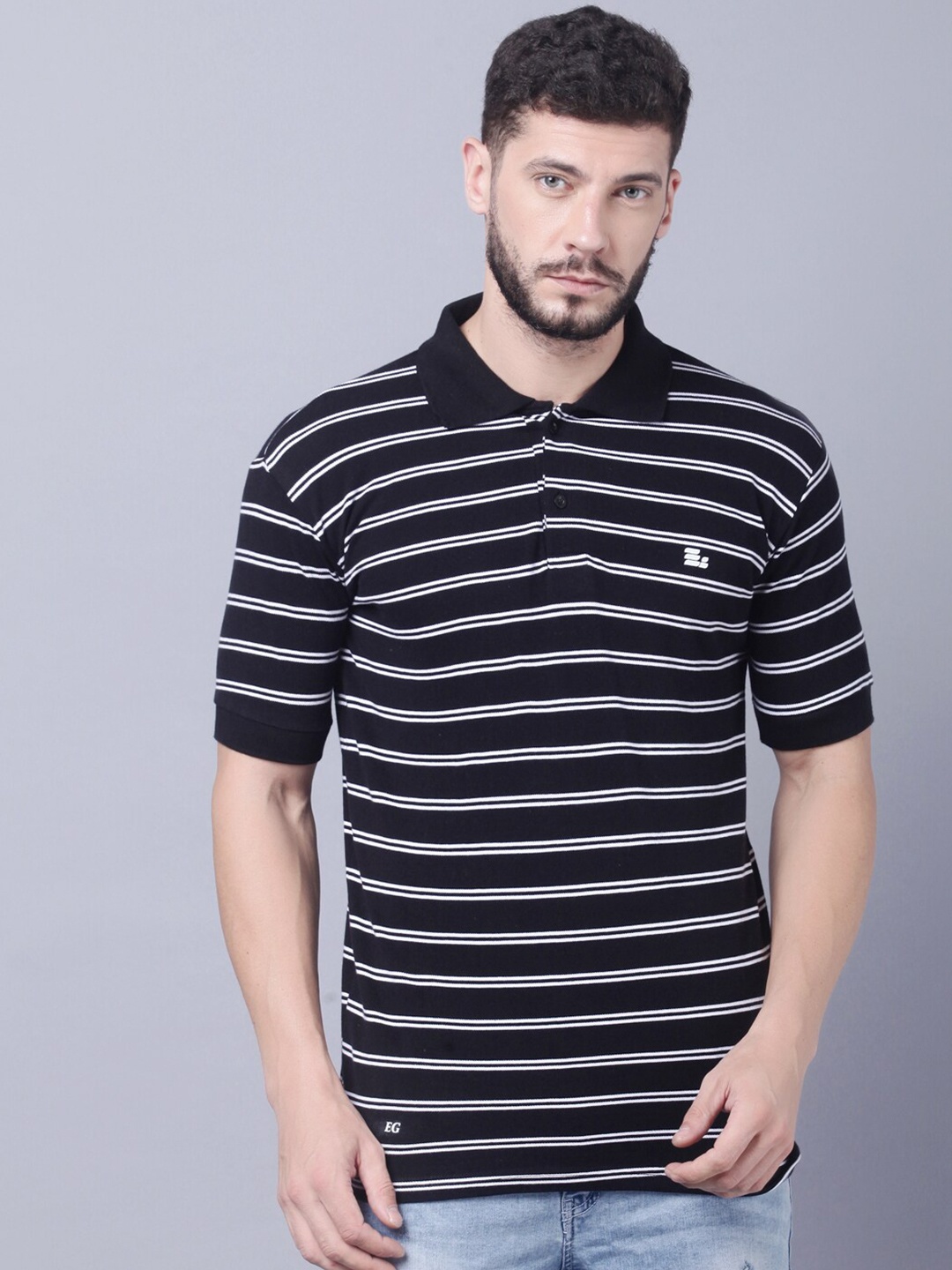 

THE EG STORE Men Striped Polo Collar Slim Fit Cotton T-shirt, Black
