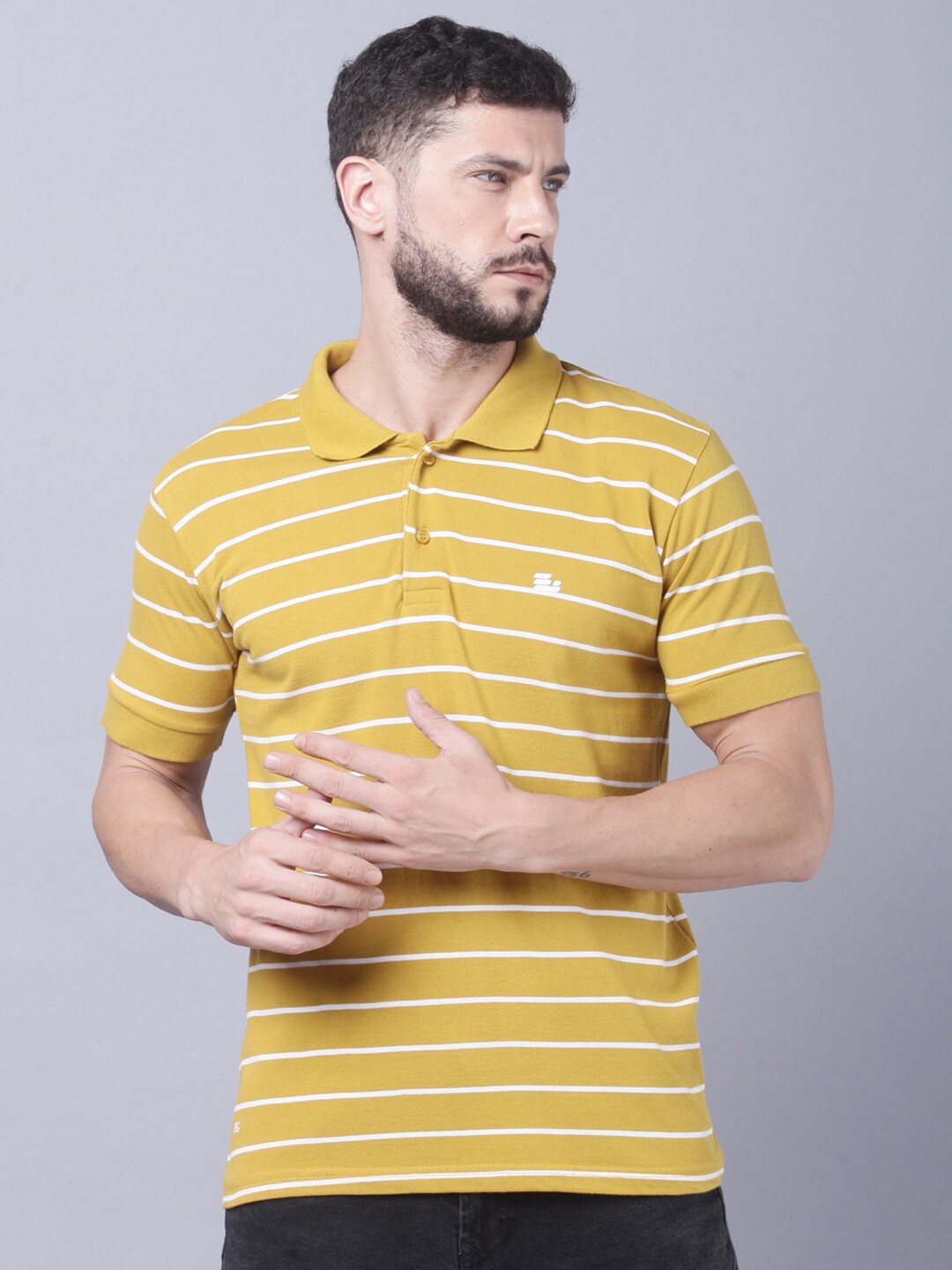 

THE EG STORE Men Striped Polo Collar Slim Fit Cotton T-shirt, Yellow