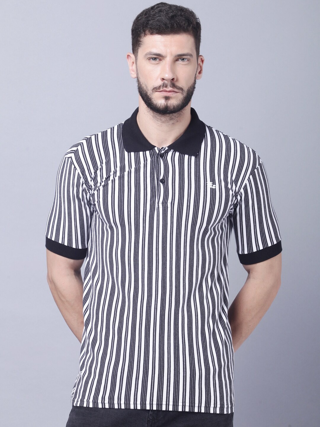 

THE EG STORE Men Striped Polo Collar Slim Fit Cotton T-shirt, White