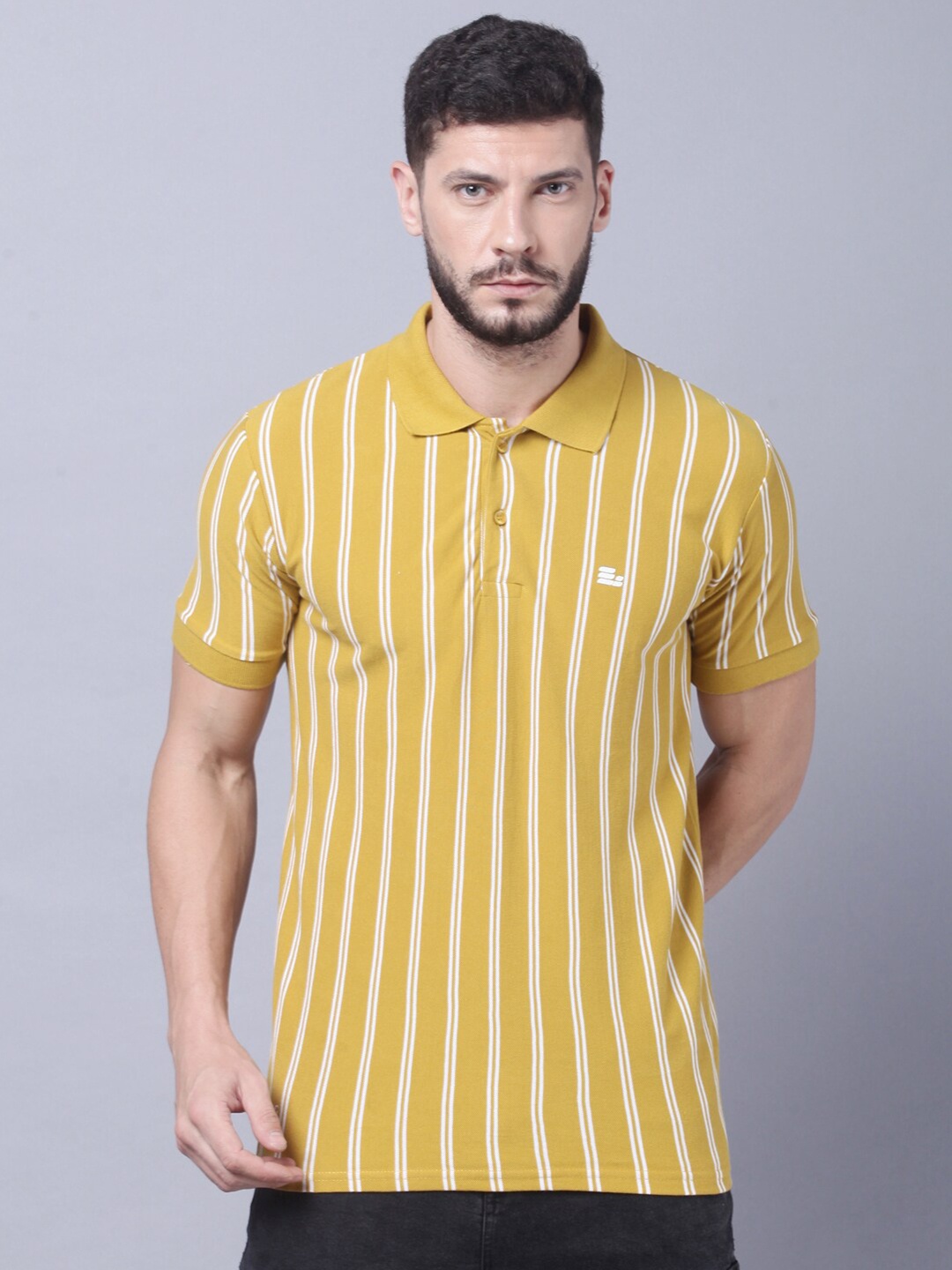 

THE EG STORE Men Striped Polo Collar Slim Fit T-shirt, Yellow