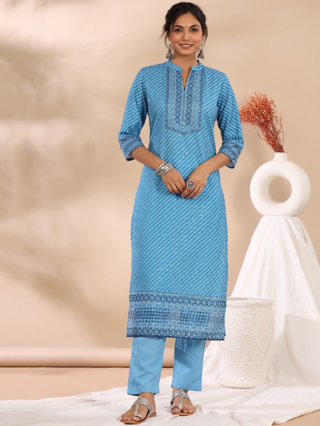 

AUTUMN LANE Striped Mandarin Collar Pure Cotton Kurta with Trousers & Dupatta, Blue