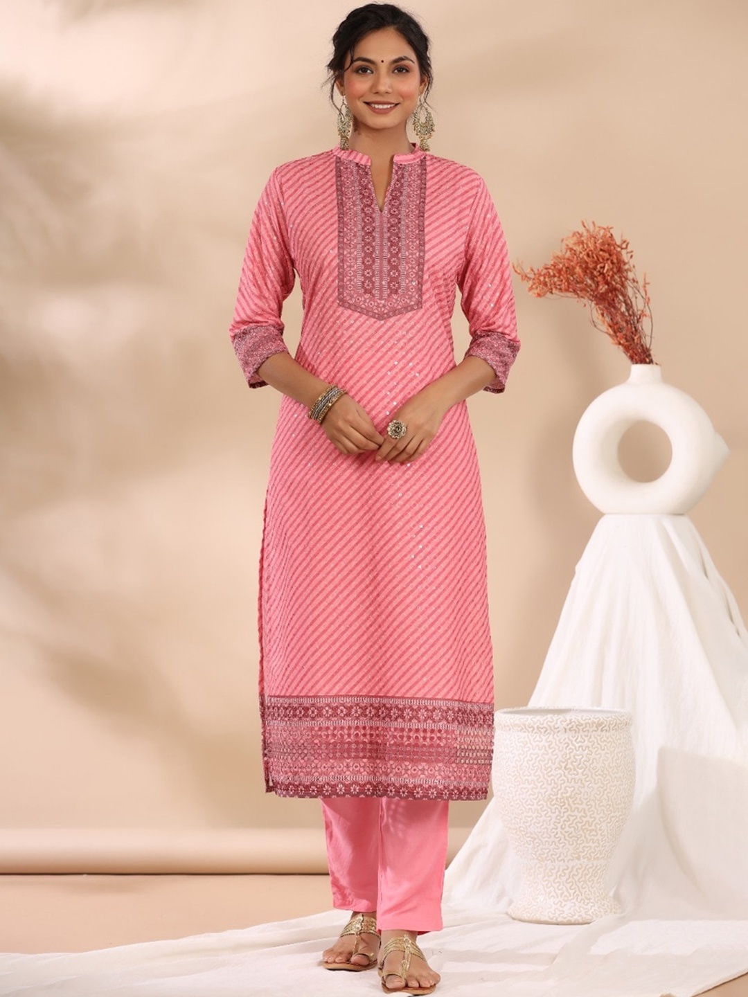 

AUTUMN LANE Floral Printed Pure Cotton Kurta with Trousers & Dupatta, Pink