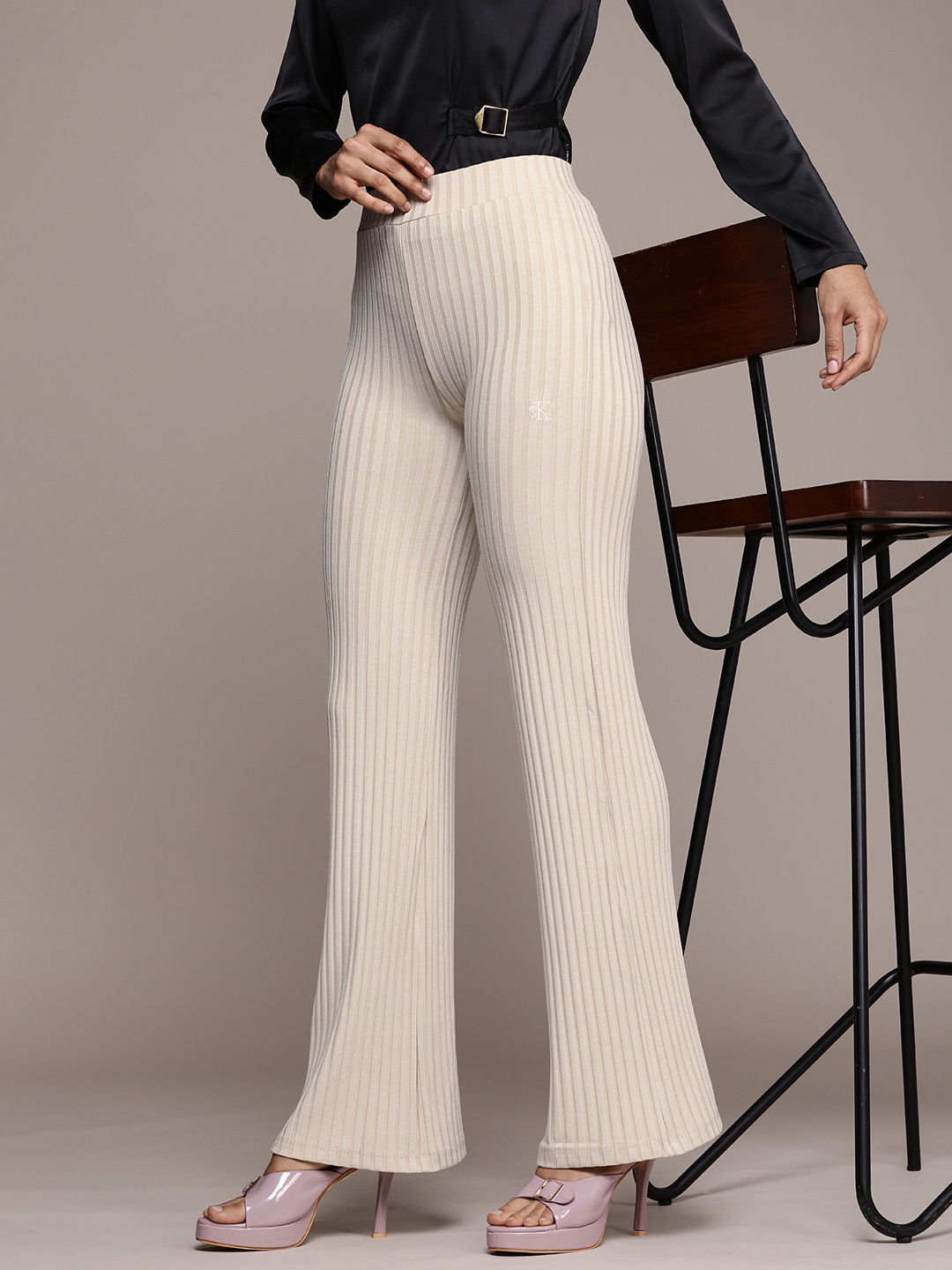 

Calvin Klein Jeans Women Slim Fit Ribbed Track Pants, Beige