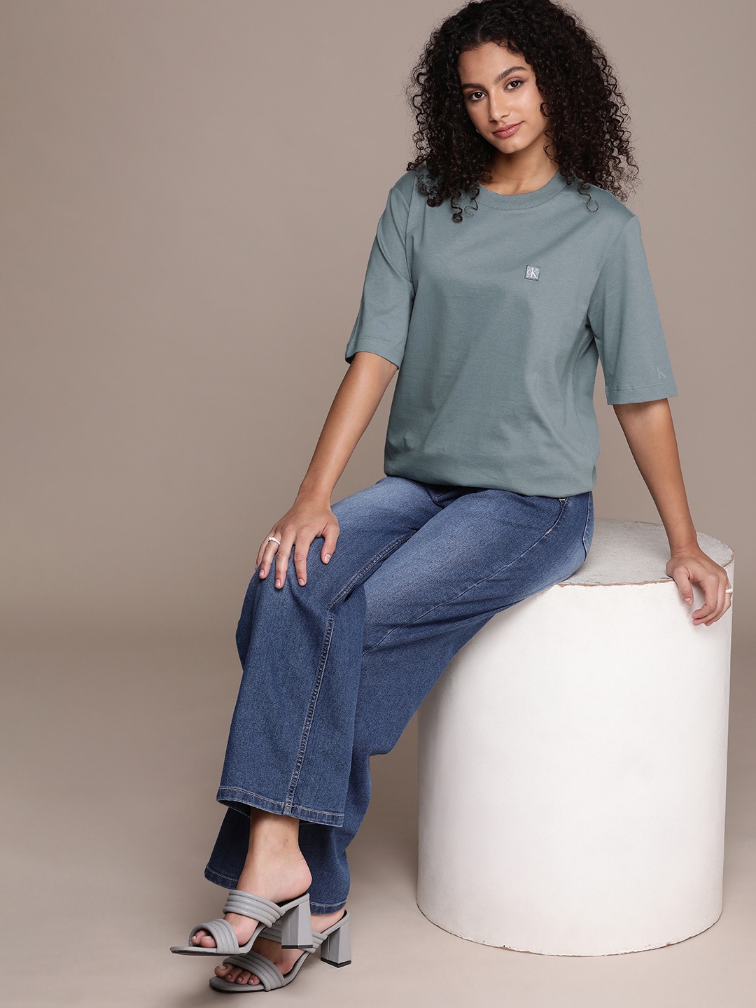 

Calvin Klein Jeans Women Pure Cotton Solid T-shirt With Applique Detail, Grey