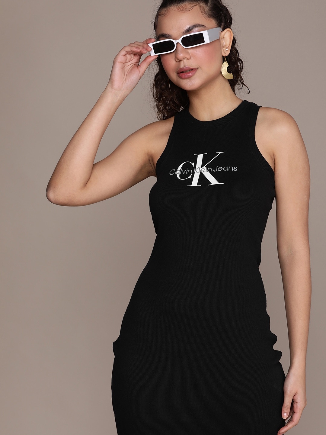 

Calvin Klein Jeans Round Neck Brand Logo Printed Ribbed Bodycon Dress, Black