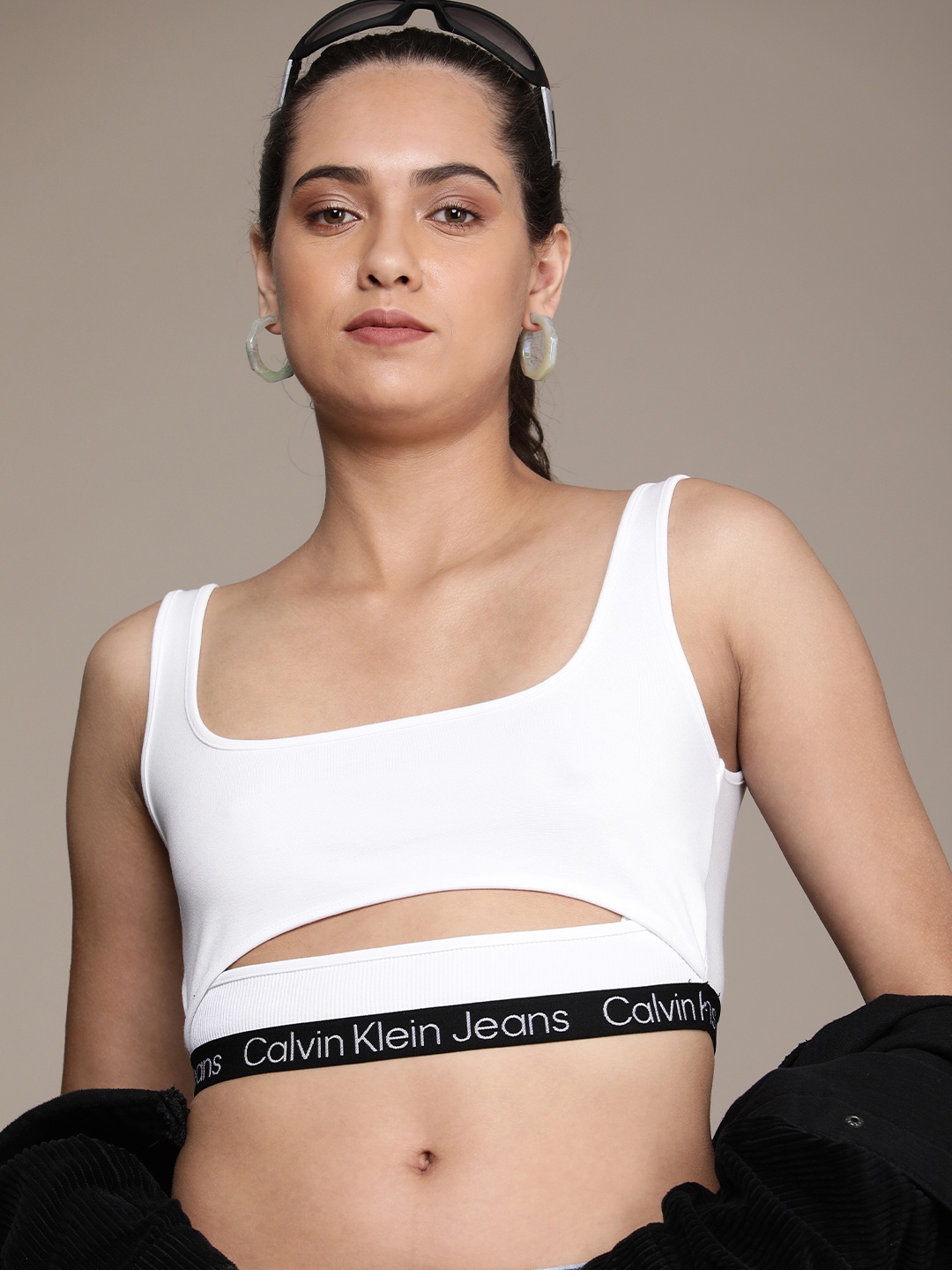 

Calvin Klein Jeans Bralette Crop Top With Cut-Out Detail, White