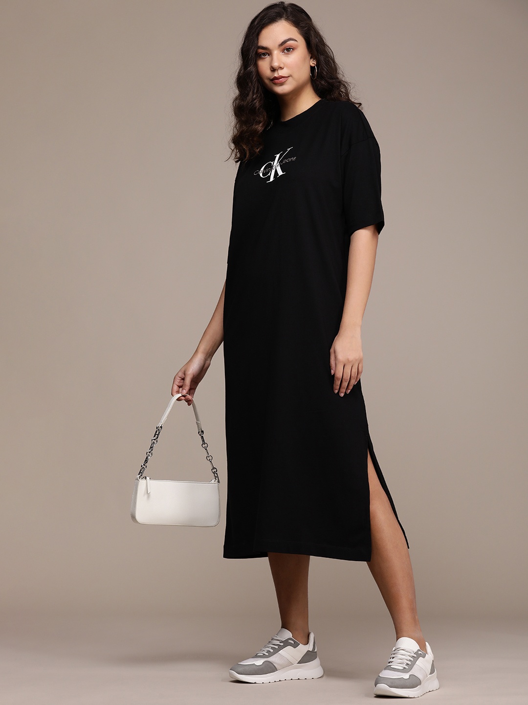 

Calvin Klein Jeans Pure Cotton Midi Length Jumper Dress With Slit Detailing, Black