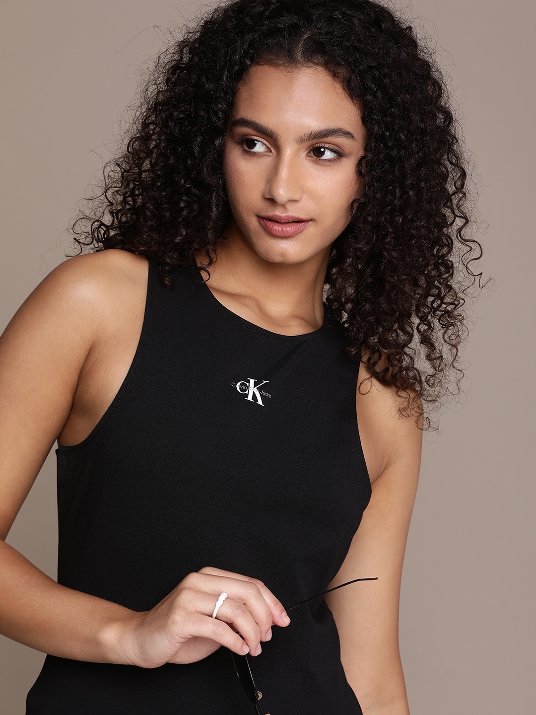 

Calvin Klein Jeans Solid With Brand Logo Detail Racer Back Tank Top, Black