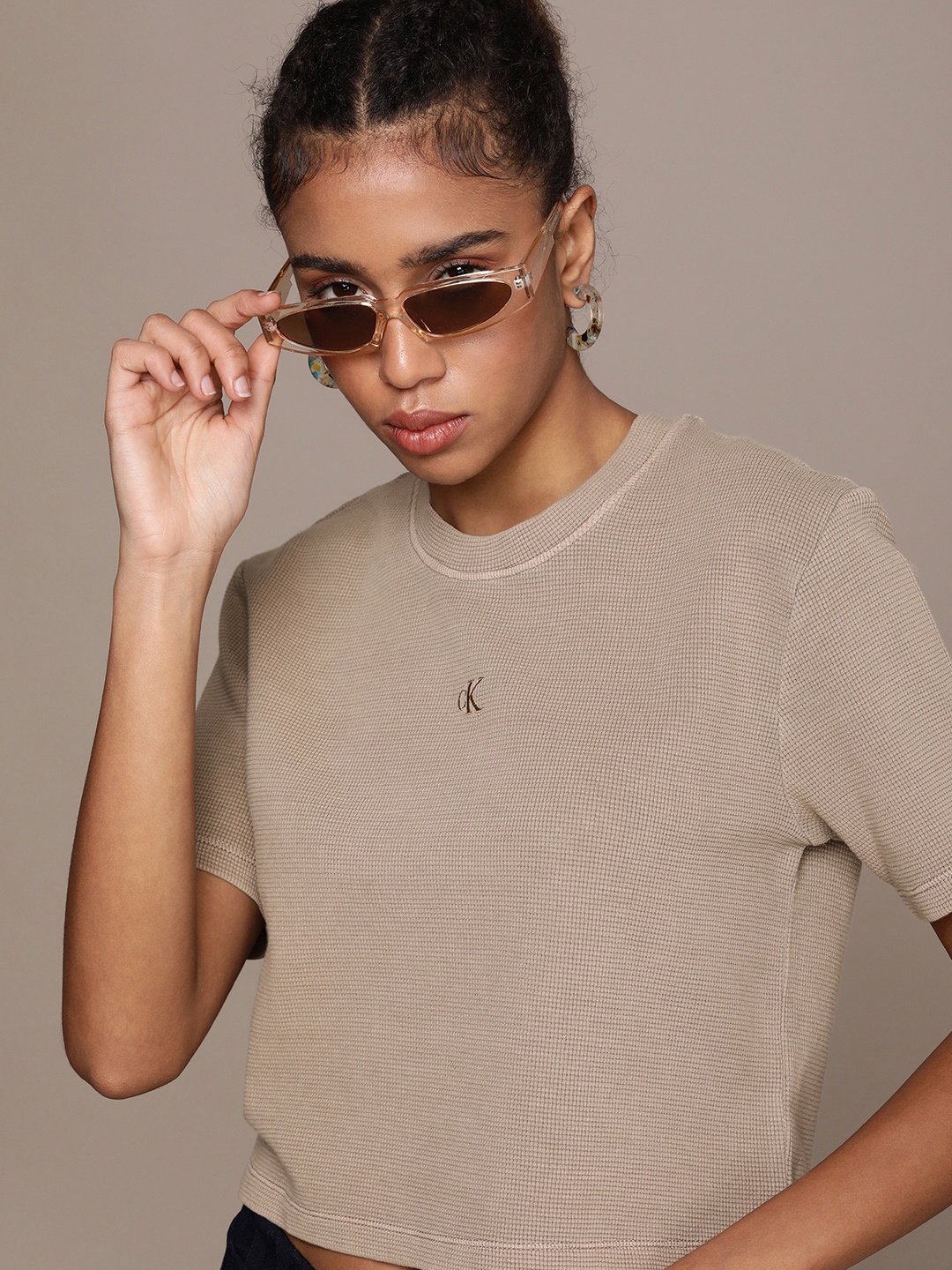 

Calvin Klein Jeans Women Pure Cotton Self Design Textured T-shirt With Brand Logo Detail, Beige