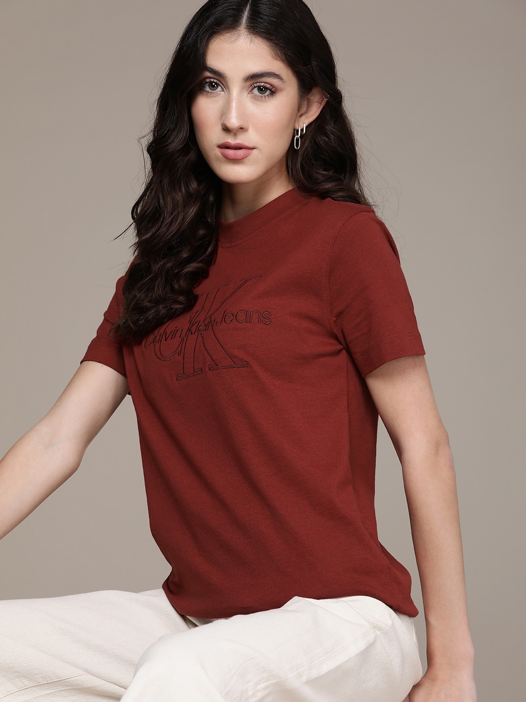 

Calvin Klein Jeans Women Pure Cotton Brand Logo Printed T-shirt, Maroon